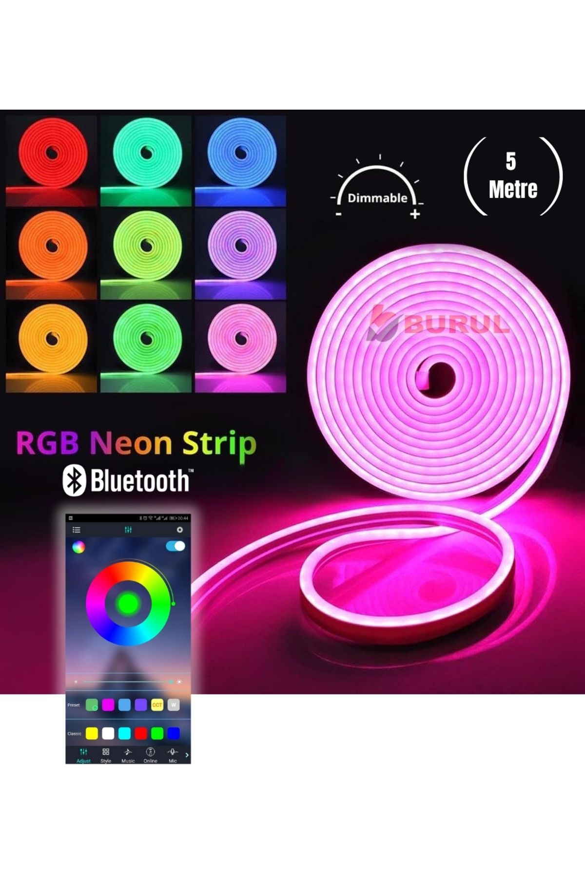 burul SB-6563 5 Metre 256 Renk Bluetooth Kontrol Renk Değiştiren RGB Neon Led Şerit Işık Seti
