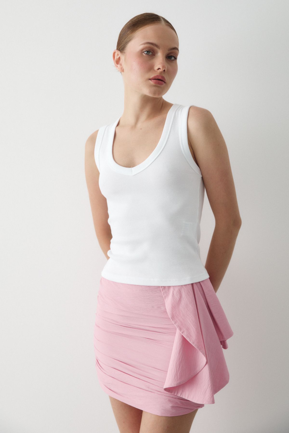 Laluvia Pembe Volanlı Mini Etek - 50203