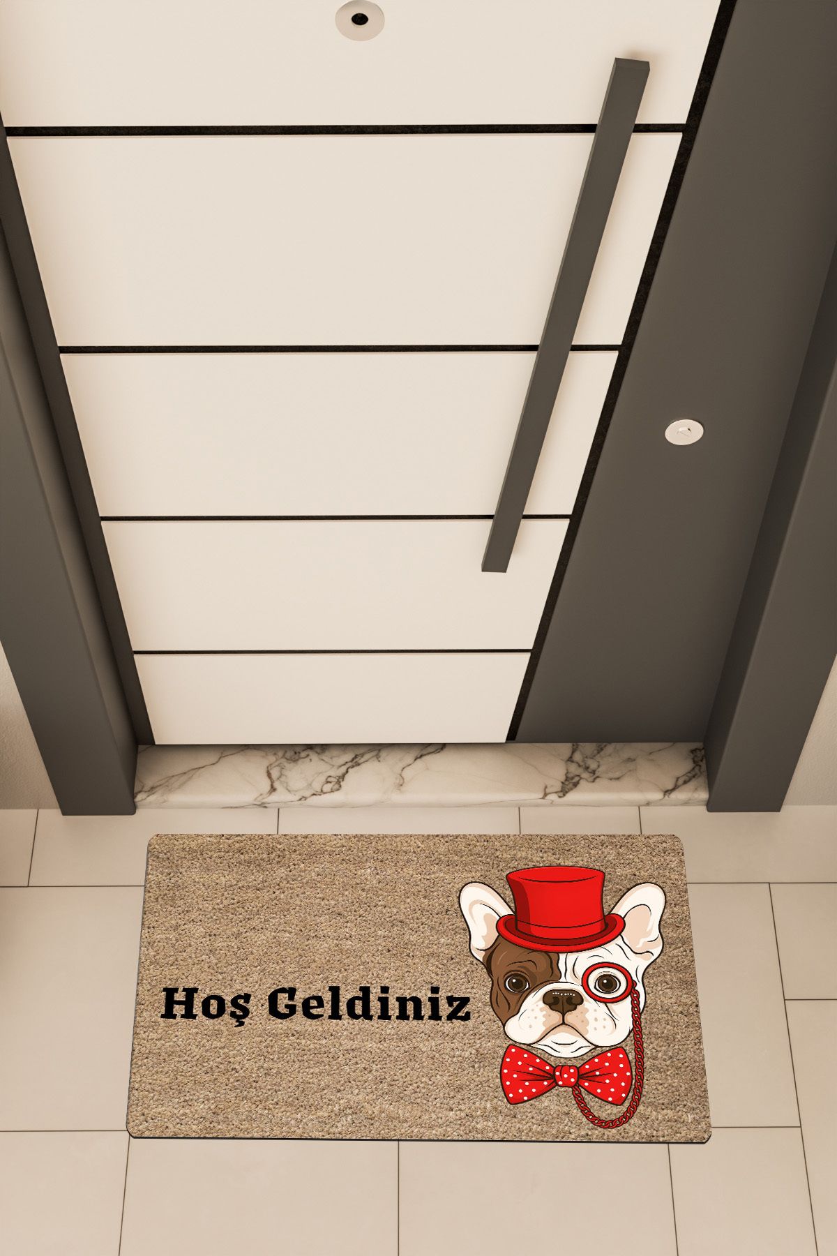 Dormot Home Yüksek Kaliteli Dijital Baskı Kahverengi, Kırmızı Renkli Entel Pug temalı Kapı Önü Paspası