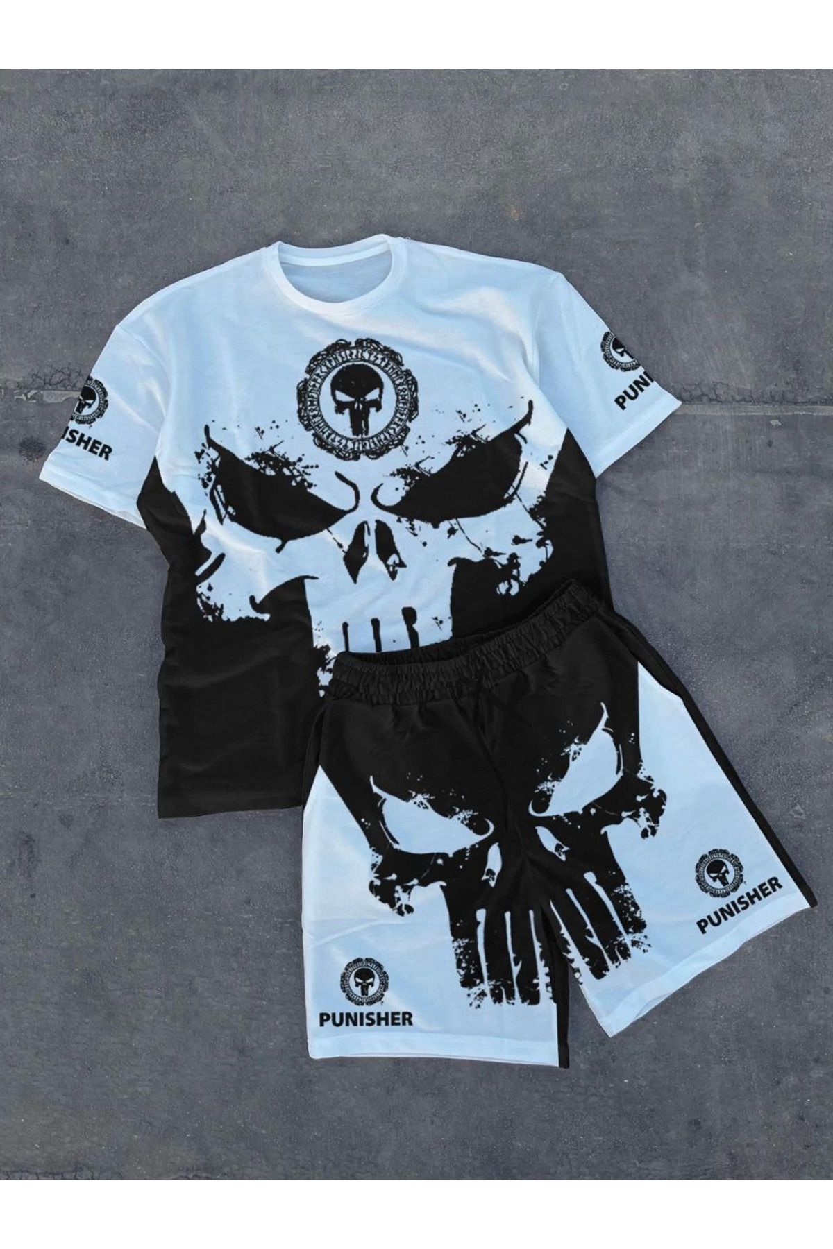fashok Unisex Bisiklet Yaka Dijital Baskılı Şortlu Takım - Beyaz