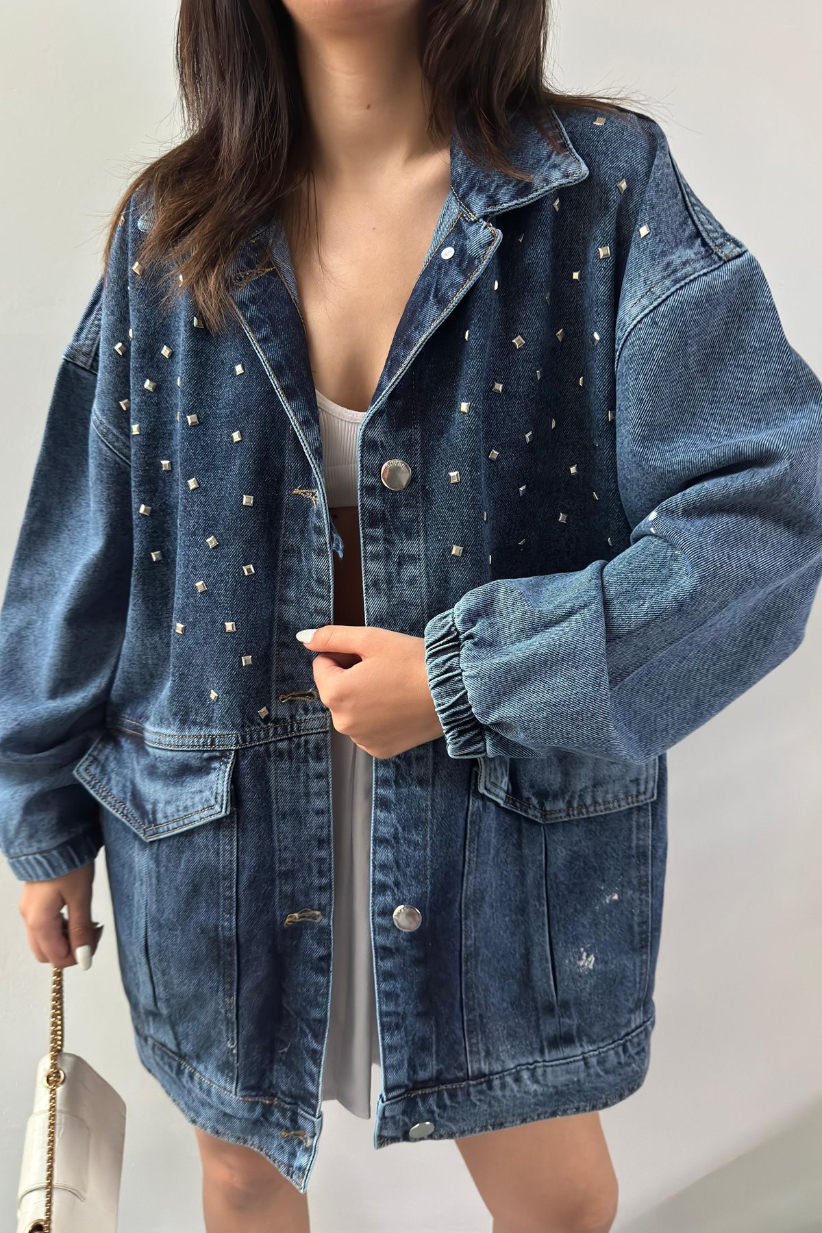 Jacarsman Kadın Boyfriend Düğmeli Salaş Oversize Taş İşlemeli Cepli Uzun Kot Ceket