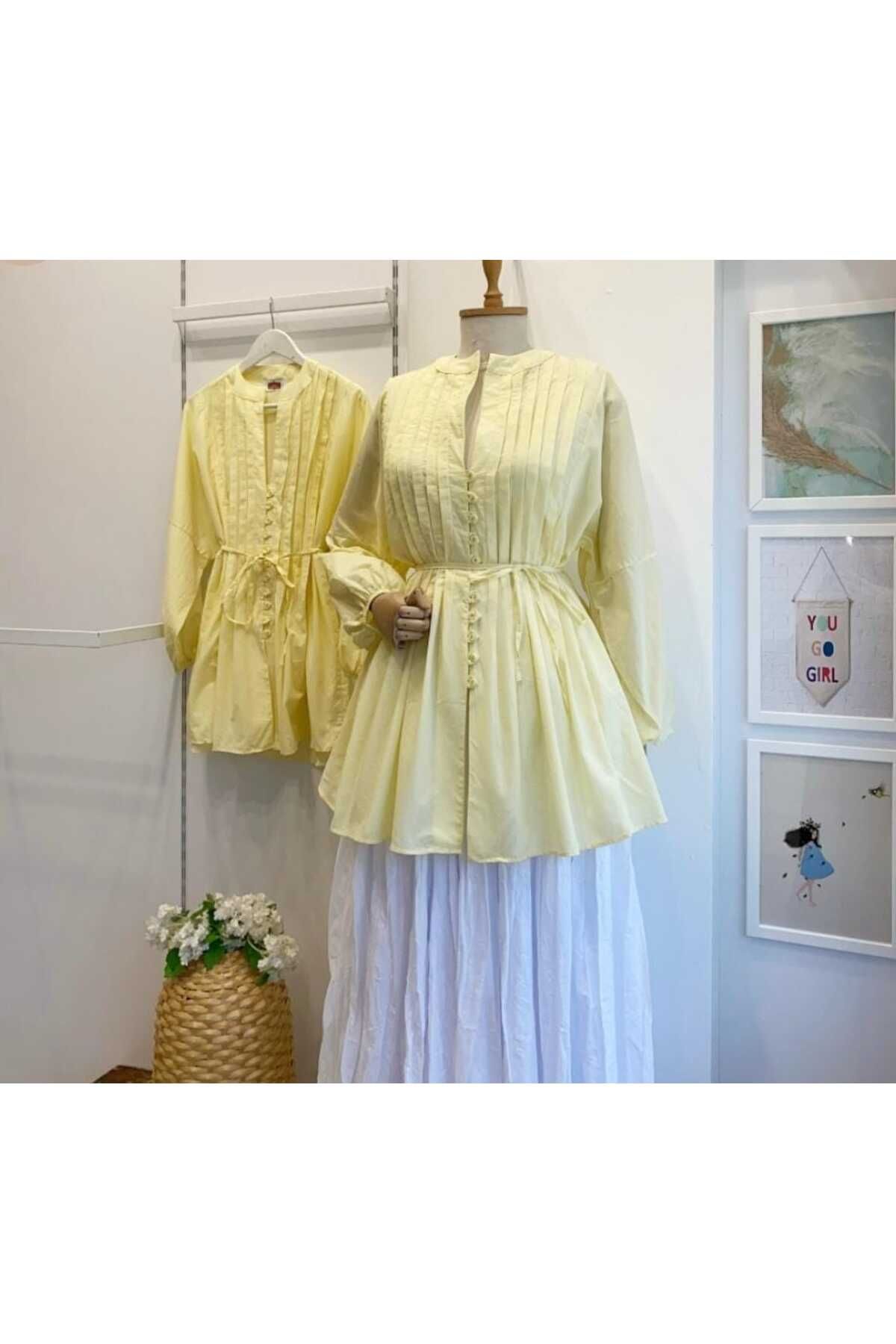 moda paketi Sarı Keten Nervür Dikişli Tunik