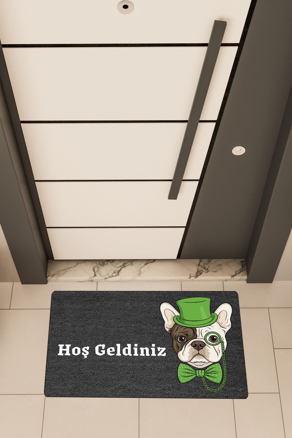 Dormot Home Yüksek Kaliteli Dijital Baskı Siyah, Yeşil Renkli Entel Pug temalı Kapı Önü Paspası