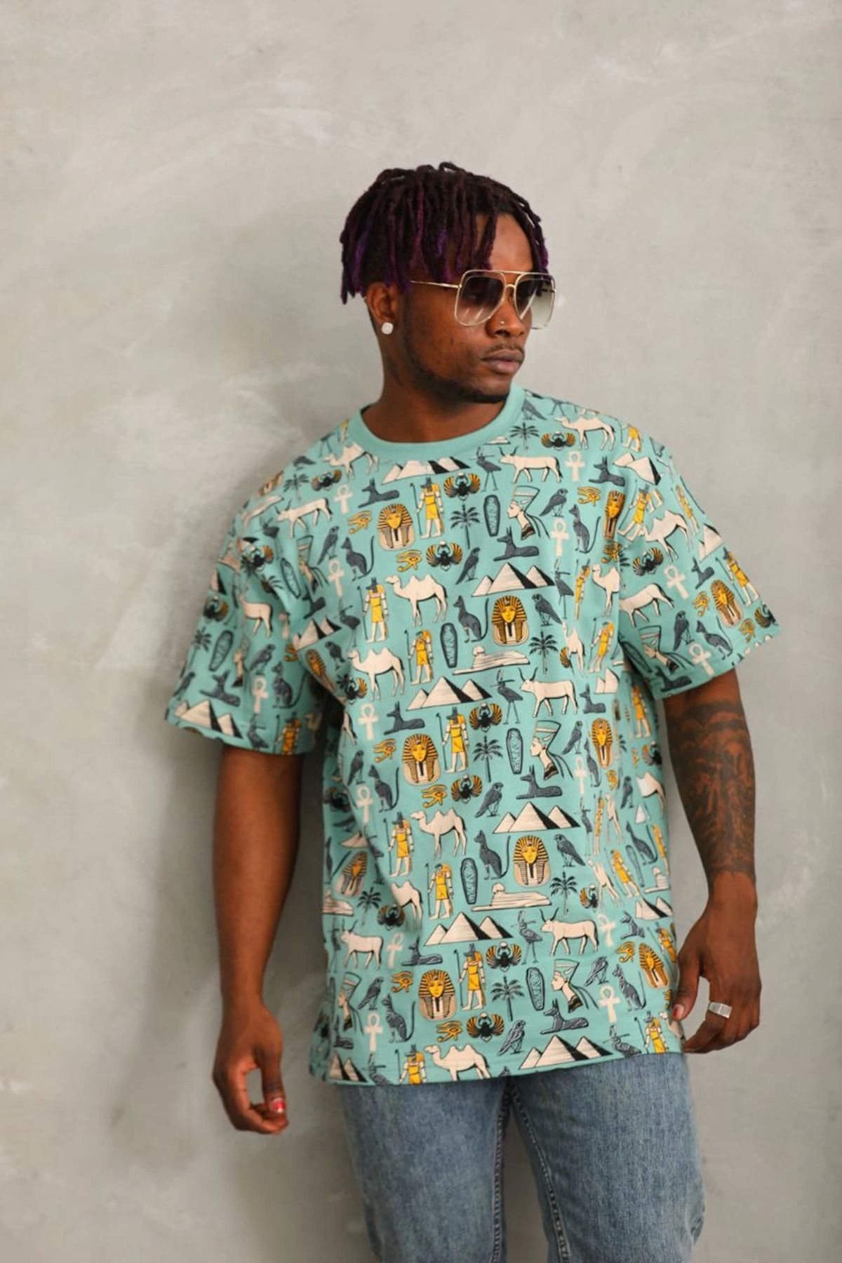 fashok Unisex Oversize Baskılı Bisiklet Yaka T-Shirt - Mint Yeşili