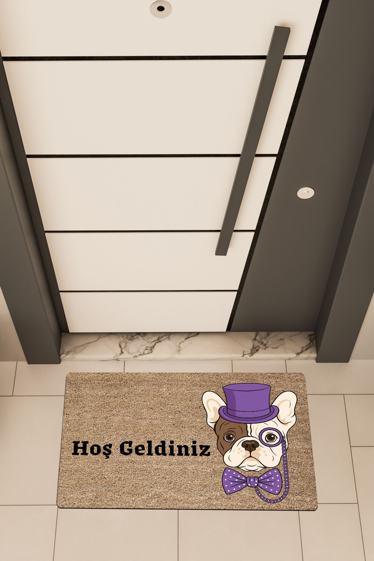 Dormot Home Yüksek Kaliteli Dijital Baskı Kahverengi, Mor Renkli Entel Pug temalı Kapı Önü Paspası