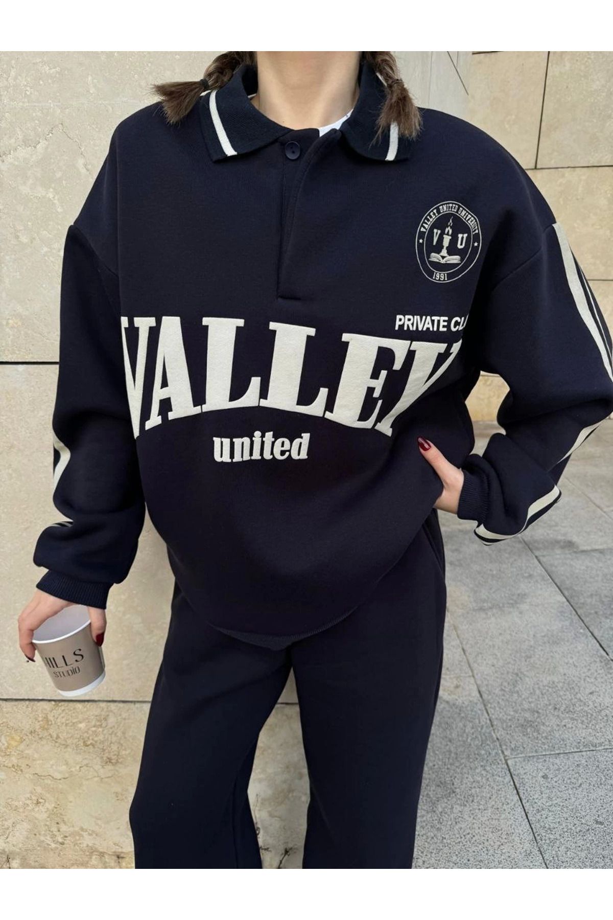fashok Üç İplik Yakalı Sweat Baggy Pantalonlu Takım - Siyah