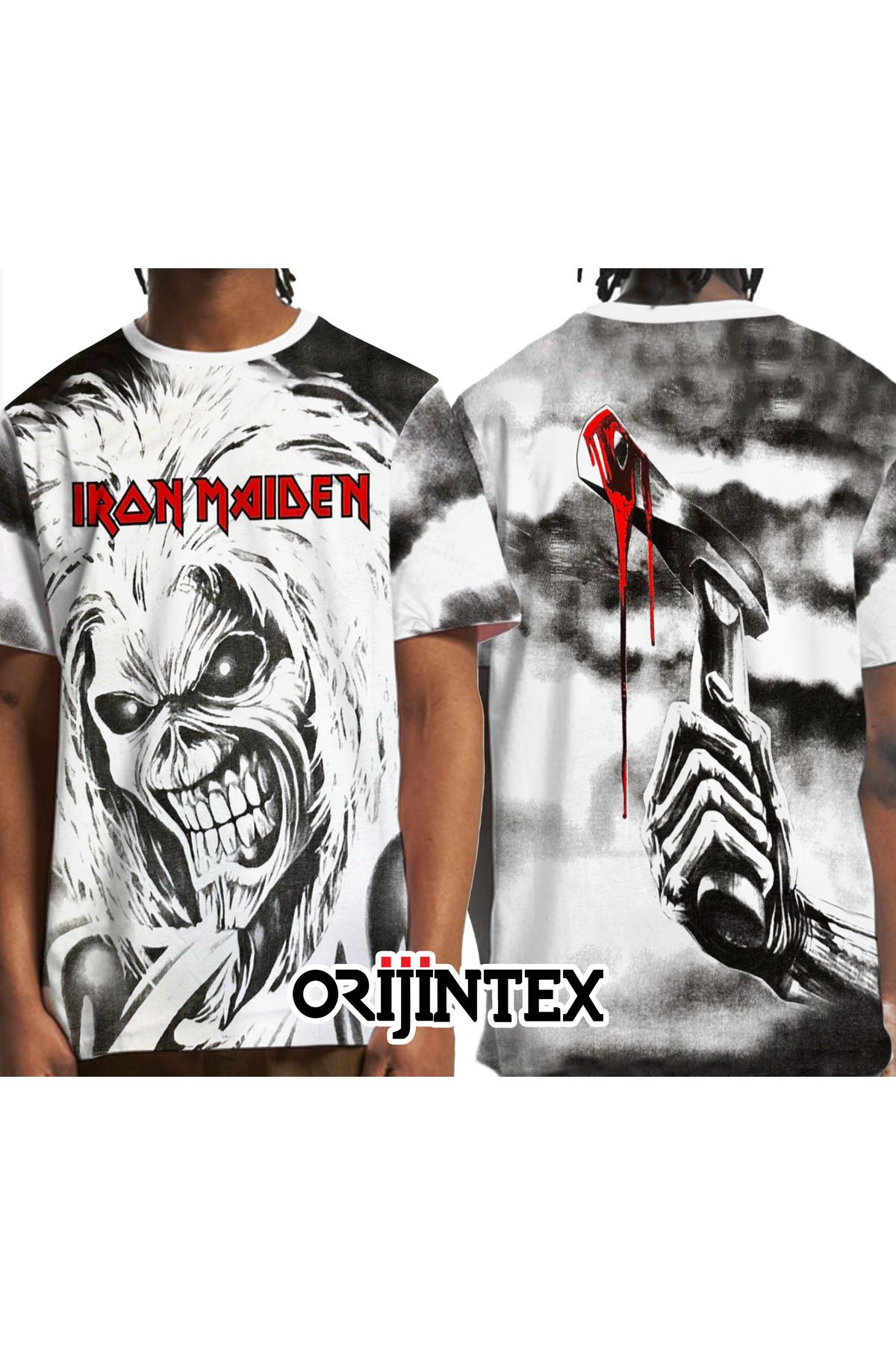 orijintex Iron Maiden Killers All Over Baskılı Unisex Beyaz Tshirt