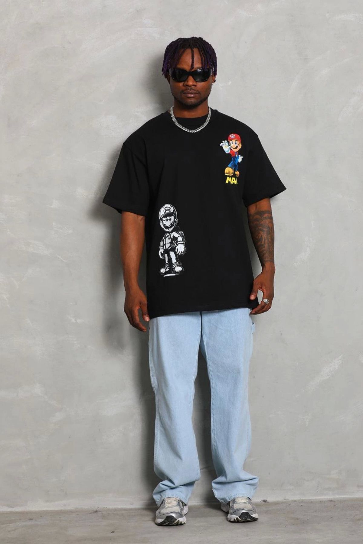 fashok Unisex Oversize Baskılı Bisiklet Yaka T-Shirt - Siyah