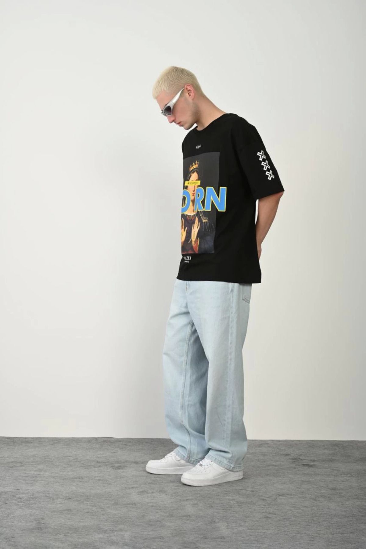 fashok Unisex Baskılı Bisiklet Yaka Oversize T-Shirt - Siyah