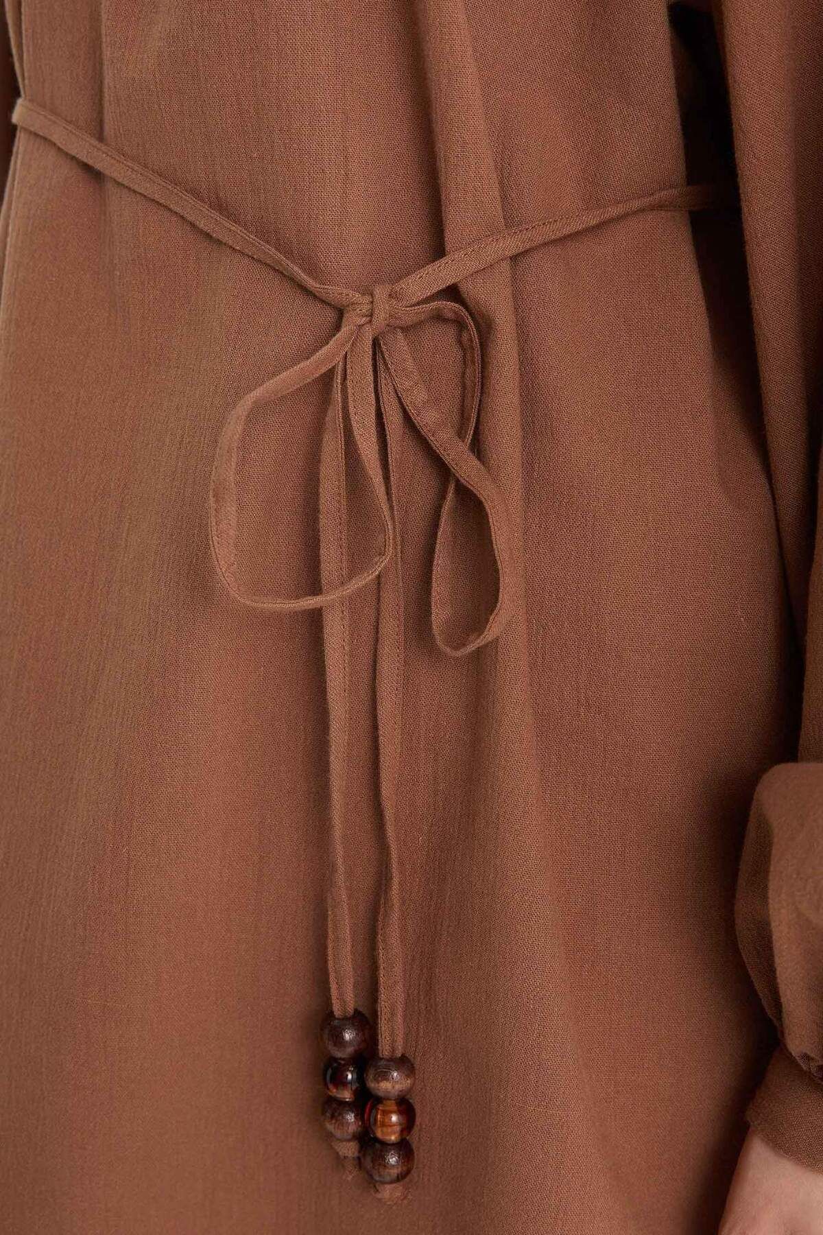 DeFacto-Muslin Basic Plain Lace-Up Long Sleeve Shirt Tunic D4396Ax25Sm 5