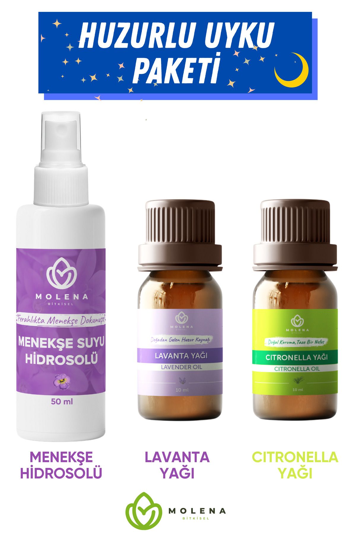 MOLENA BİTKİSEL Huzurlu Uyku Paketi – Menekşe Hidrosolü Lavanta ve Citronella Yağı - Stres Azaltıcı