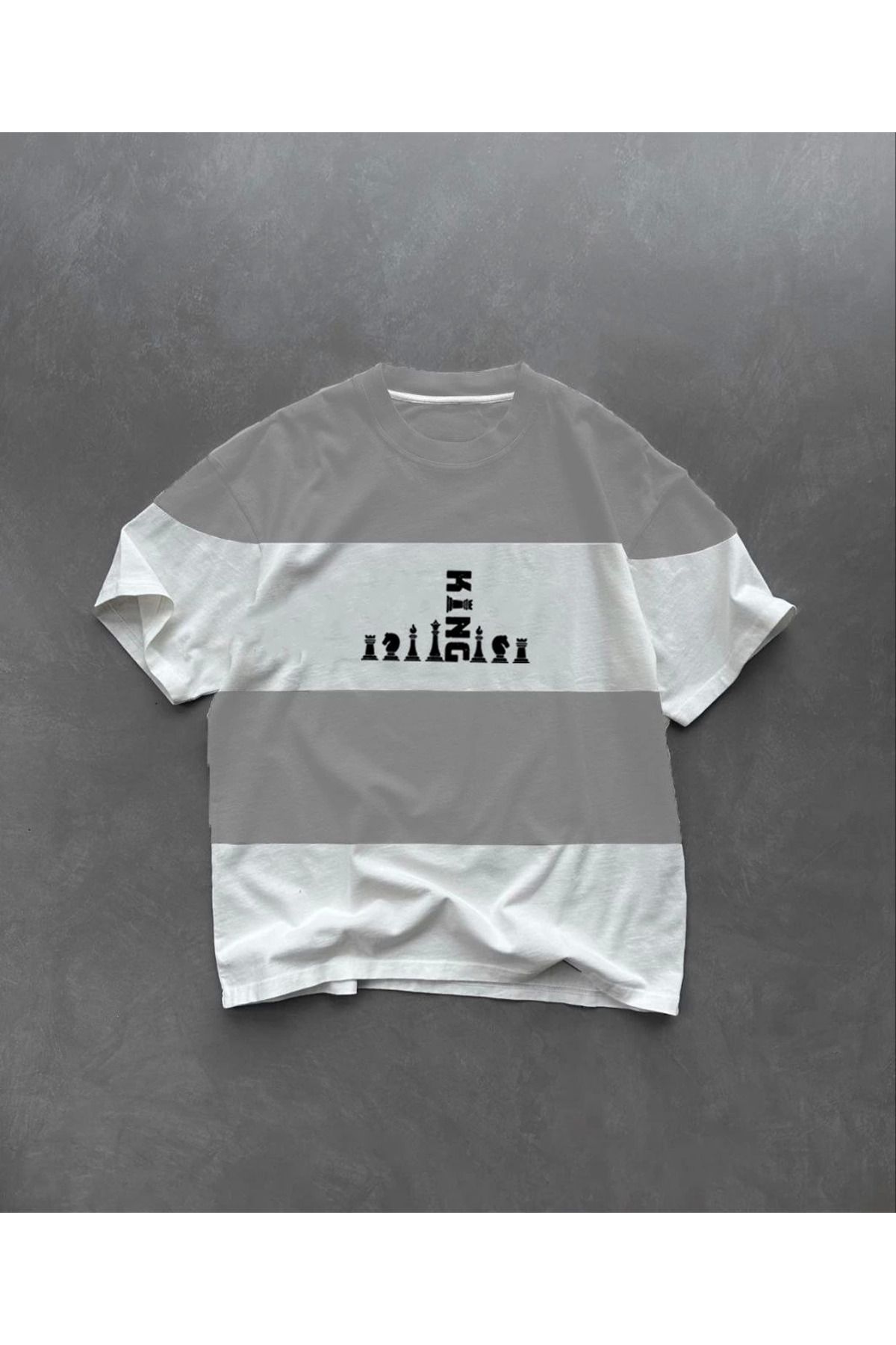 fashok Unisex Bisiklet Yaka Baskılı Parçalı Oversize T-Shirt - Gri