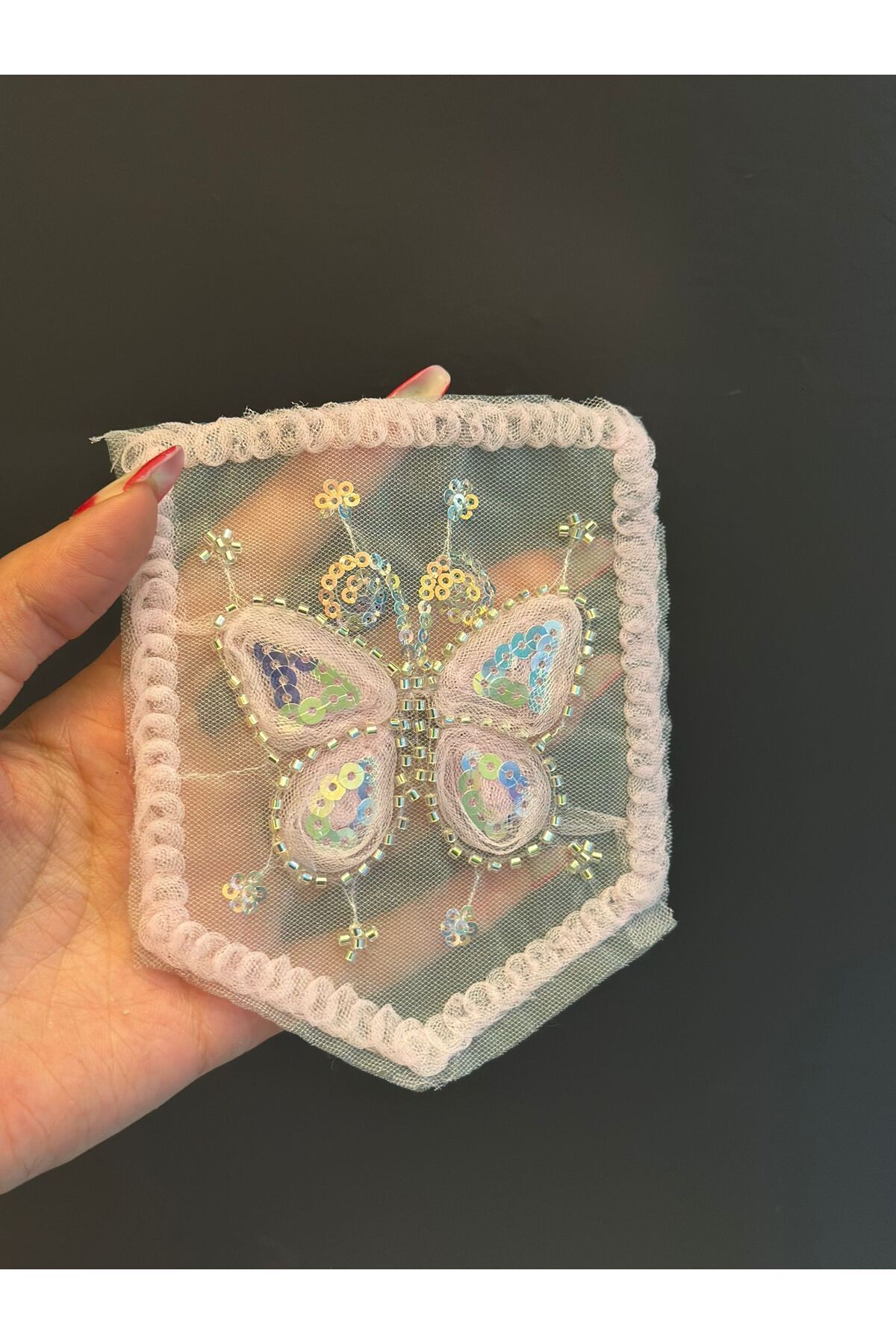 Gönülden Tasarım 14X11 CM BONCUK PUL İŞLEME KELEBEK CEP ARMA DİKİŞ APLİKE Pembe