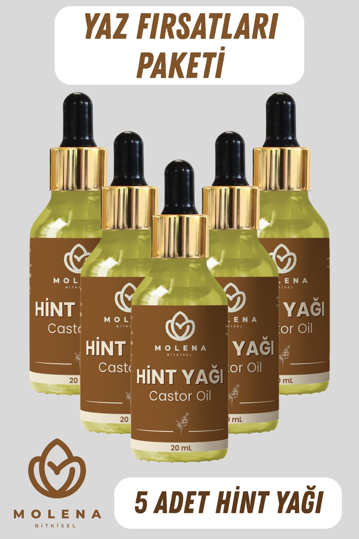 MOLENA BİTKİSEL Hint Yağı Fırsat Paketi 5'li – %100 Doğal Soğuk Sıkım Bitkisel Bakım Yağı 20 ml x 5