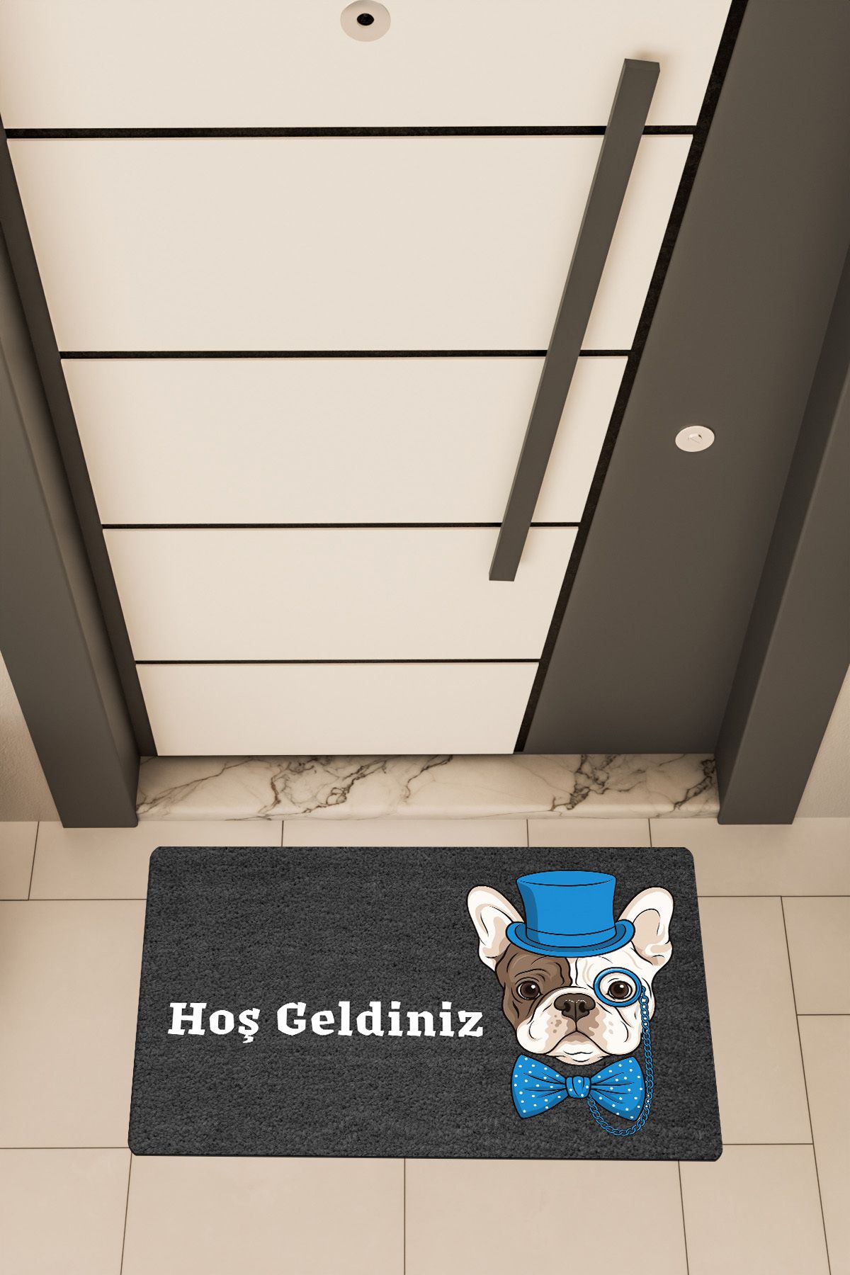 Dormot Home Yüksek Kaliteli Dijital Baskı Siyah, Mavi Renkli Entel Pug temalı Kapı Önü Paspası