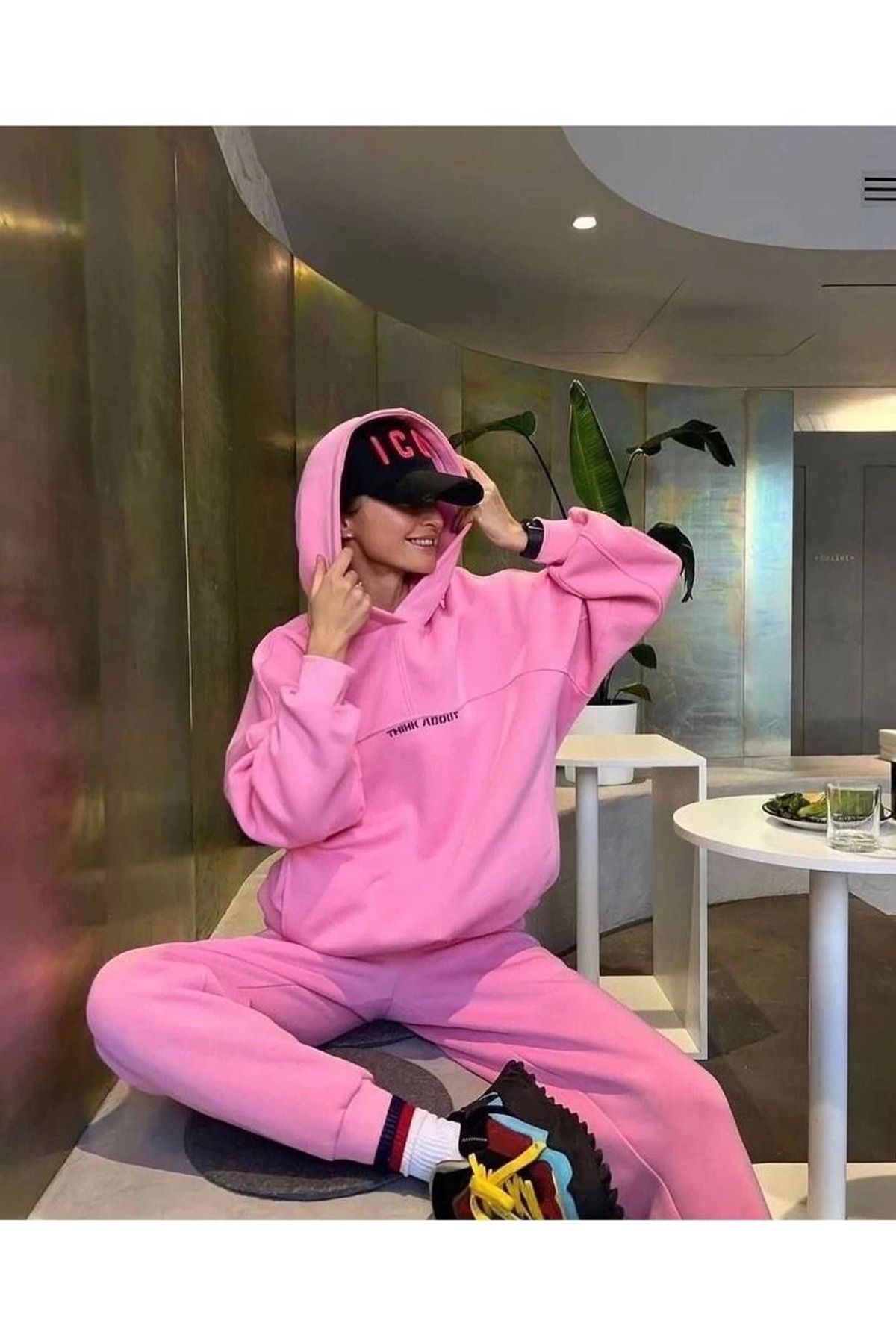 fashok Nakış İşlemeli Üç İplik Sweat Takım- Pembe