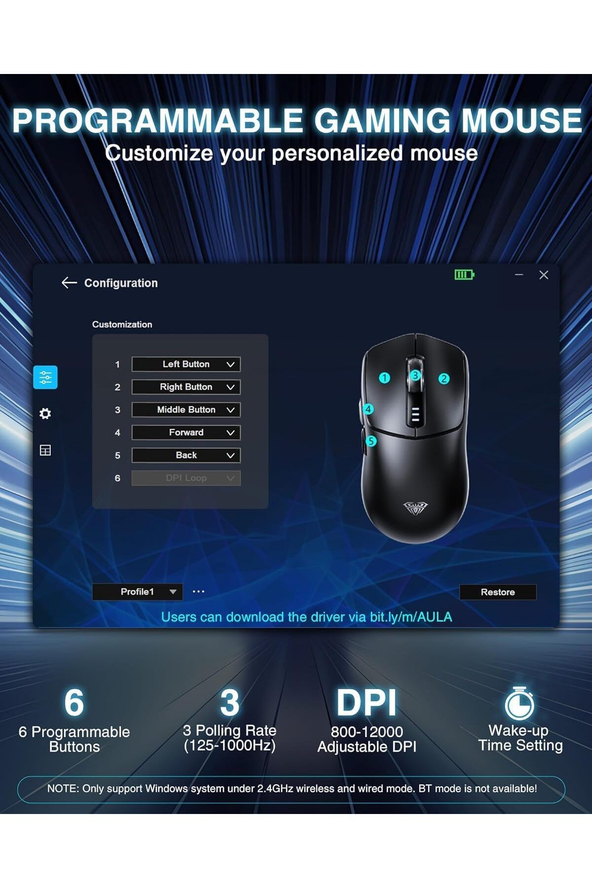 Aula-Wireless Gaming Mouse Sc580, 2.4 Ghz/usb-c/bluetooth, 12000 Dpi, 6 Programmable Buttons, White 9