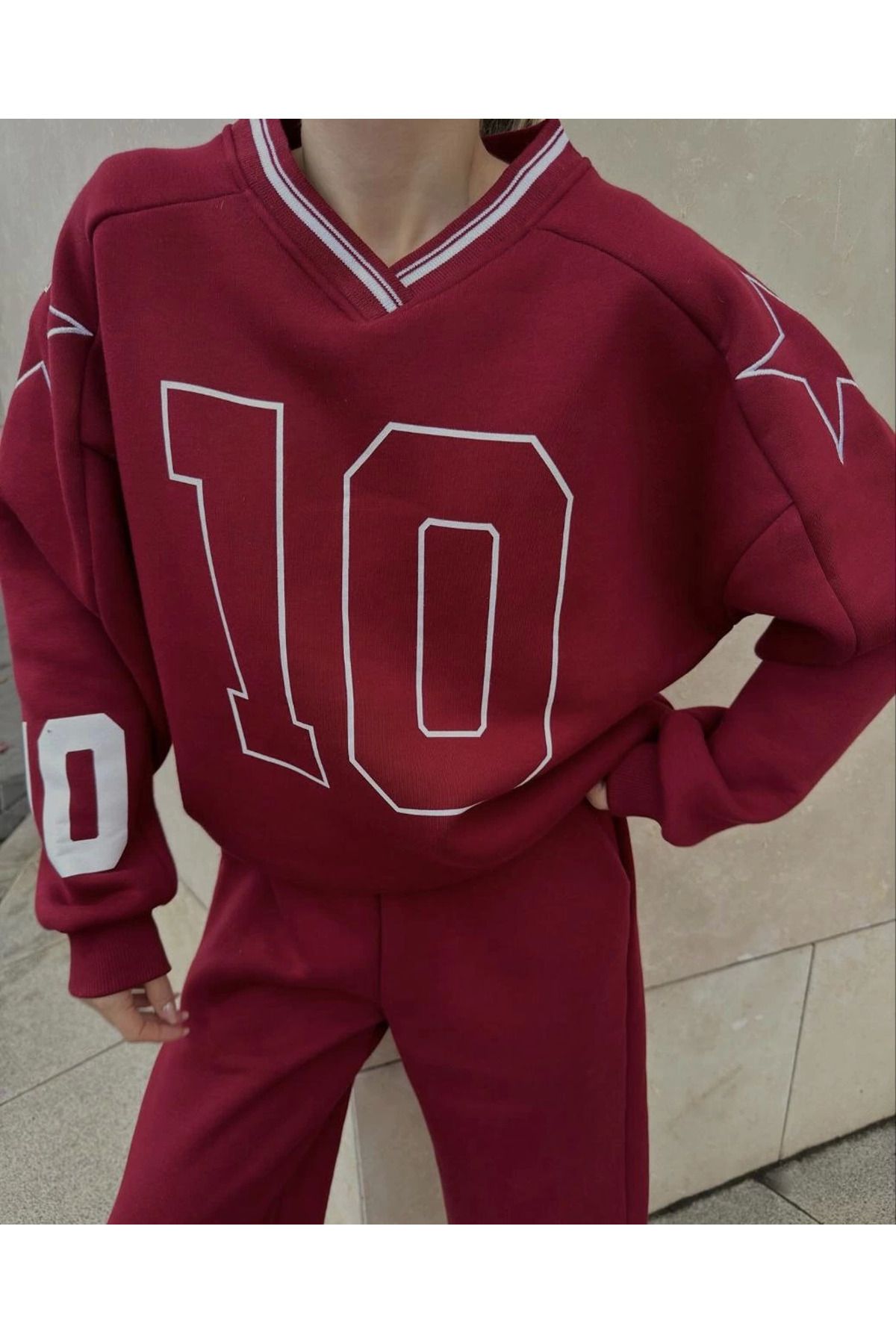 fashok V Yaka Üç İplik Sweat Takım - Bordo