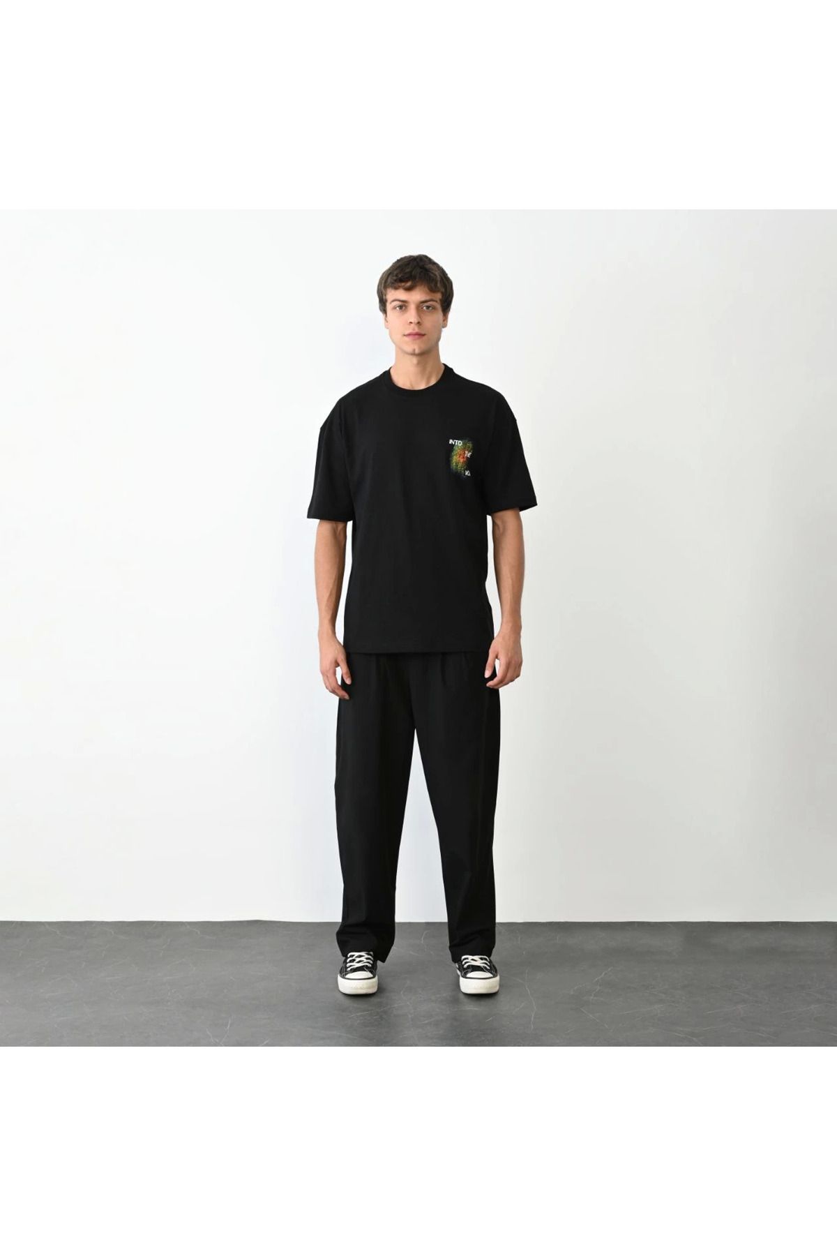 fashok Unisex Bisiklet Yaka Baskılı Oversize T-Shirt - Siyah