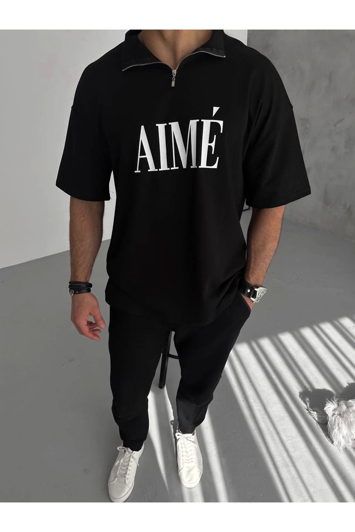 fashok Unisex Yarım Fermuarlı Baskılı T-Shirt - Siyah