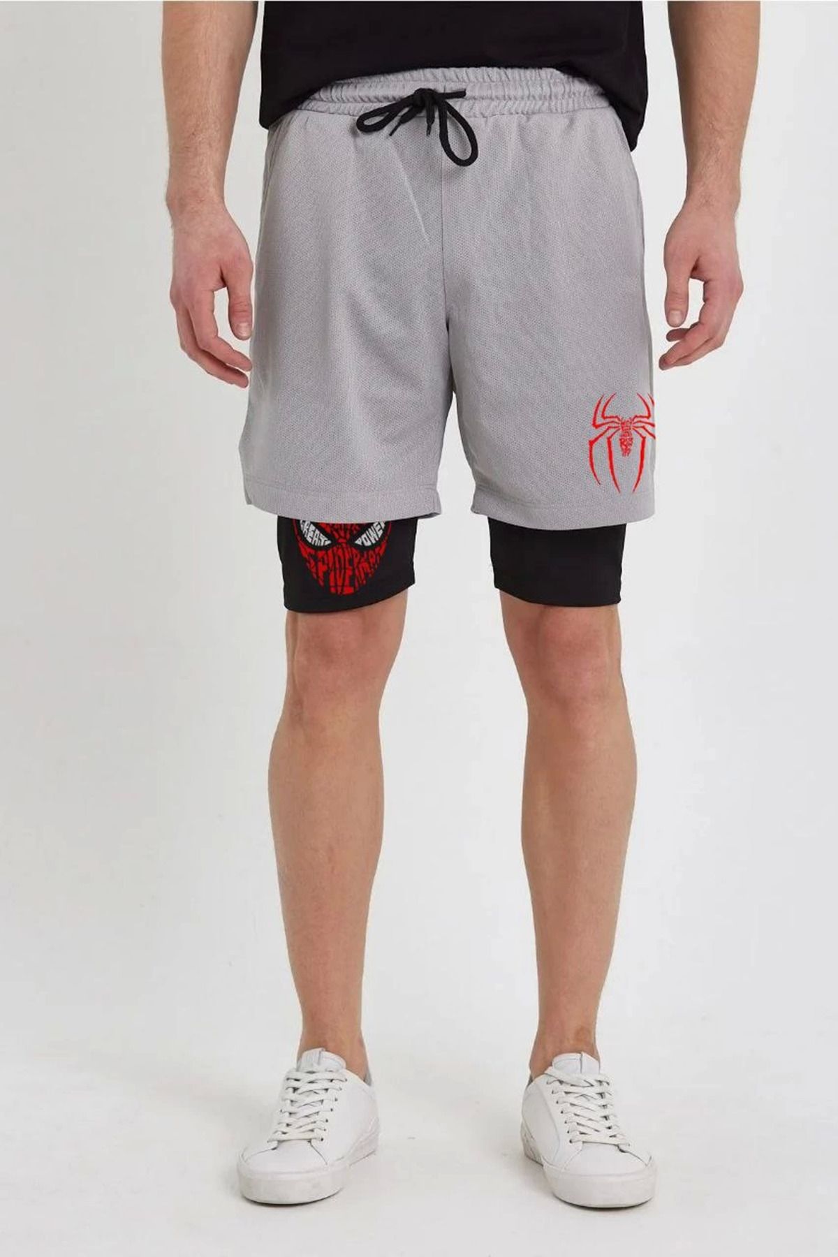 fashok Unisex Baskılı İç Cepli Sporcu Alt Taytlı Şort - Gri