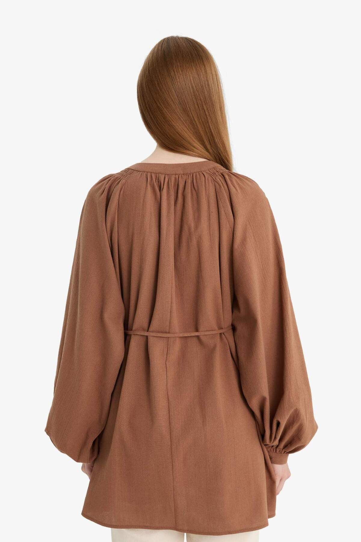 DeFacto-Muslin Basic Plain Lace-Up Long Sleeve Shirt Tunic D4396Ax25Sm 6