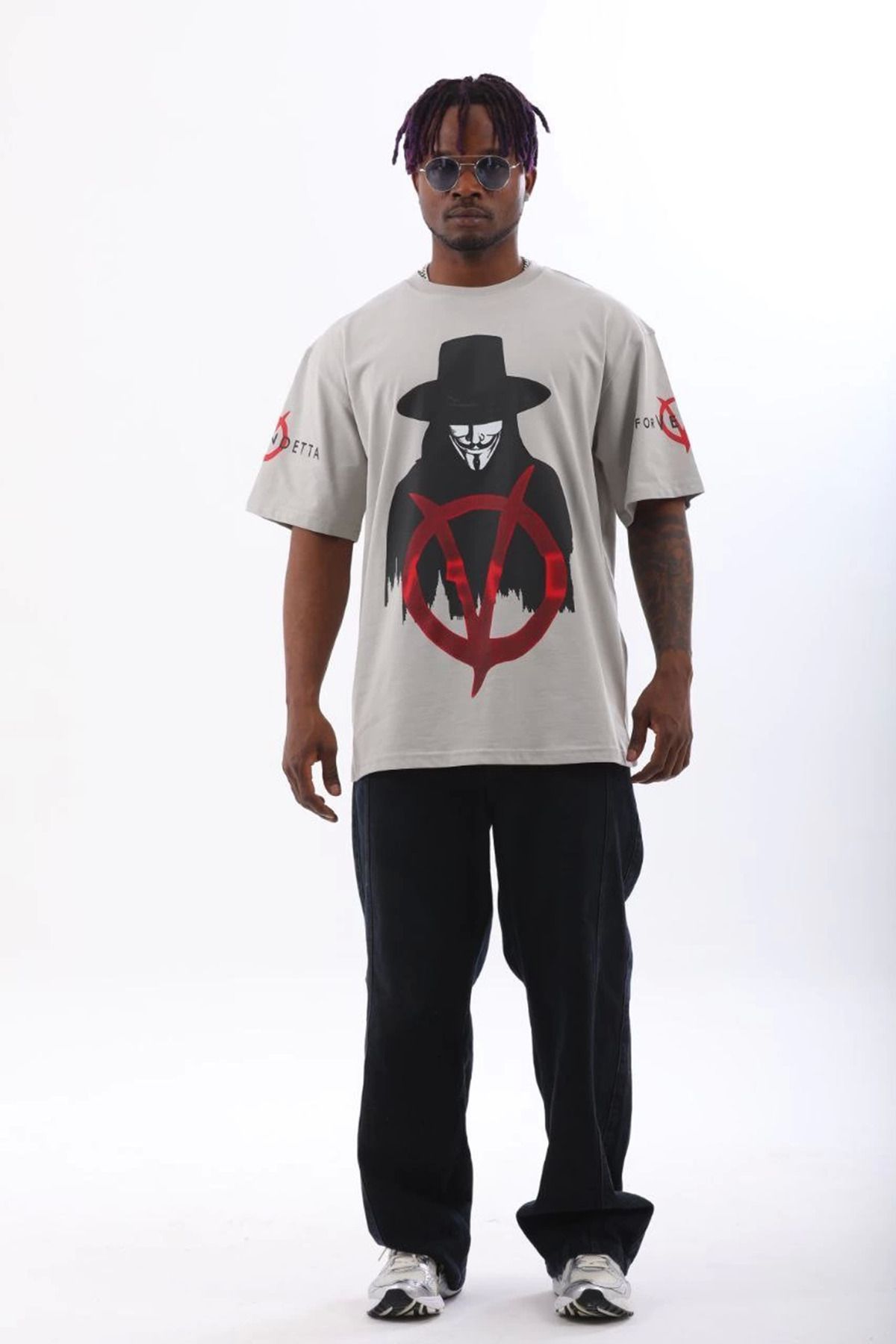 fashok Unisex Oversize Baskılı Bisiklet Yaka T-Shirt - Gri