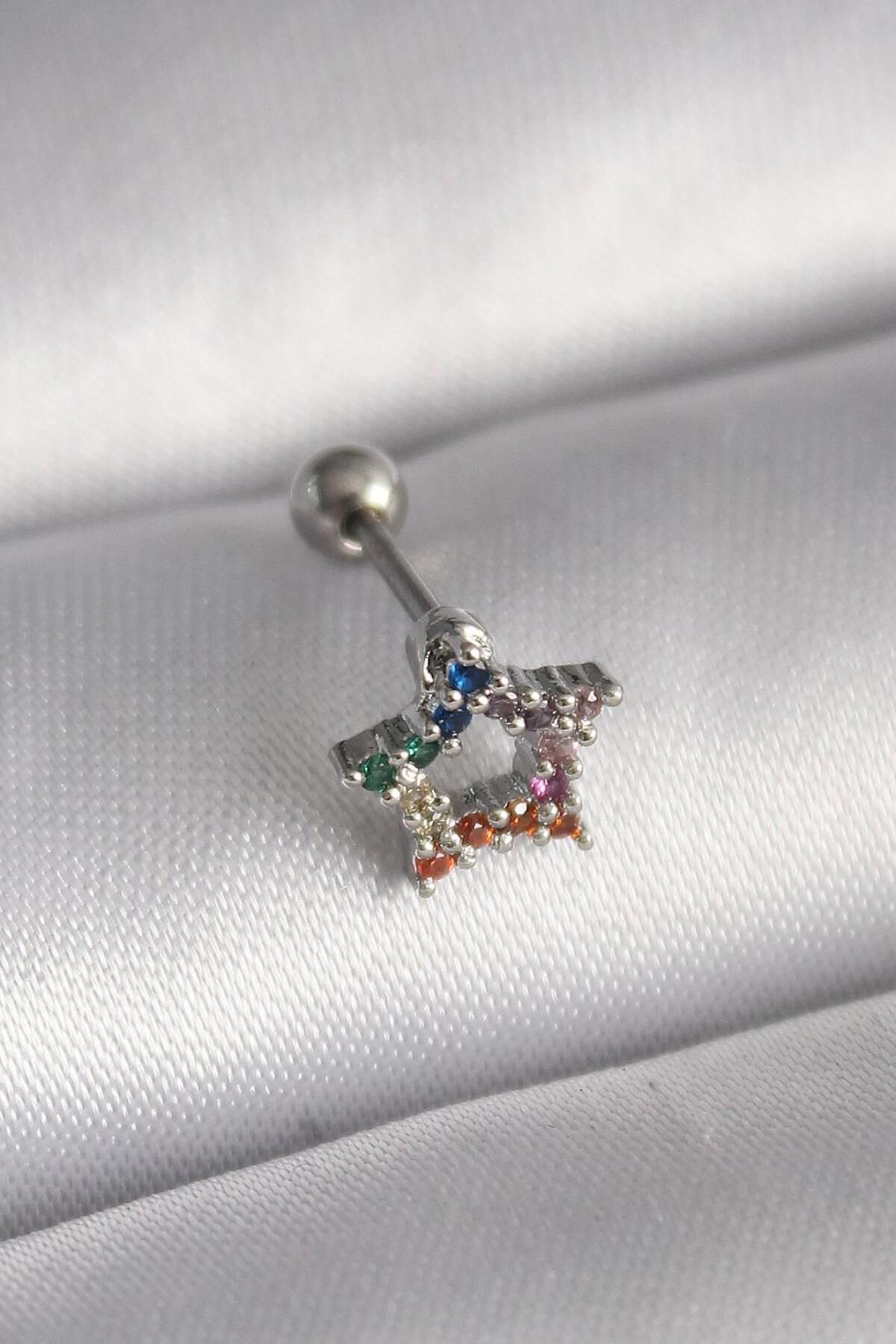 AfraBeauty 316L Çelik Gümüş Renk Renkli Zirkon Taşlı Yıldız Model Tragus Piercing