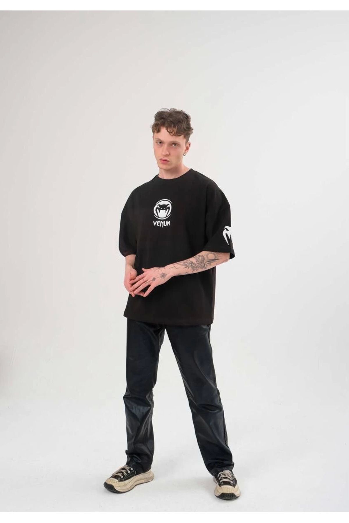 fashok Unisex Bisiklet Yaka Baskılı Oversize T-Shirt - Siyah