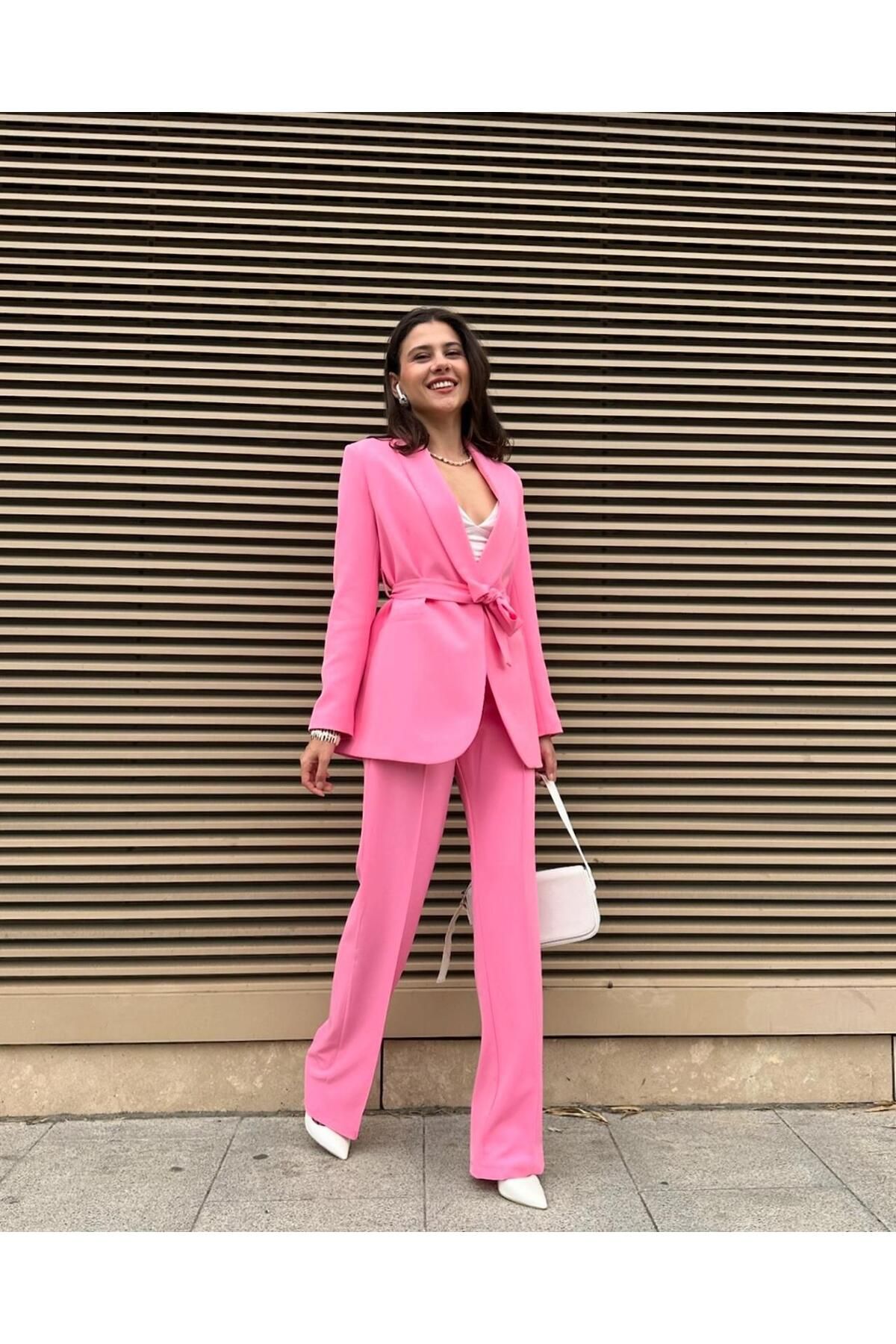 EFSUN MODA KADIN KUŞAKLI BLAZER CEKET PANTOLON TAKIM ASTARLİ