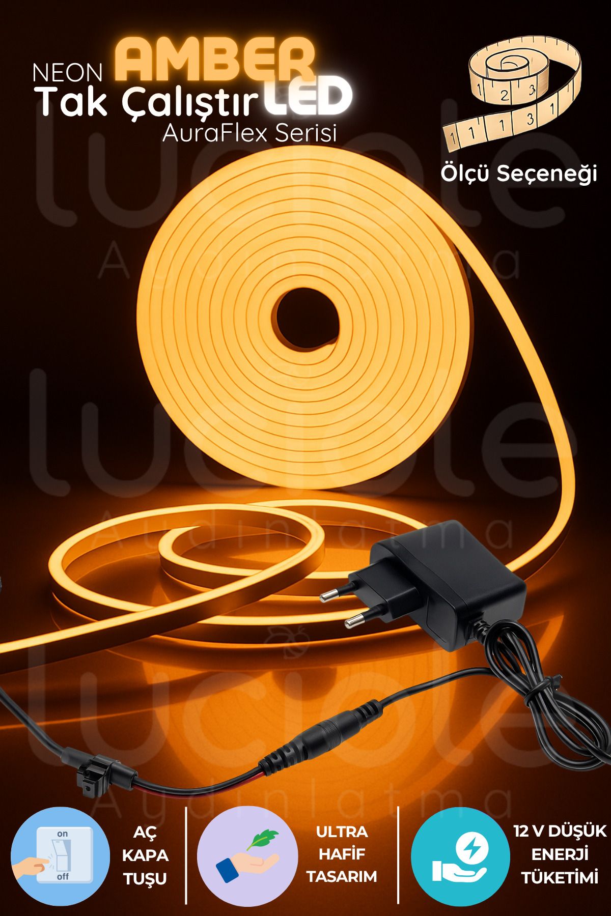 luciole 3 Metre Turuncu Neon LED Şerit | AuraFlex | Aç-Kapa Tuşlu Fişli Amber Dekor Işığı
