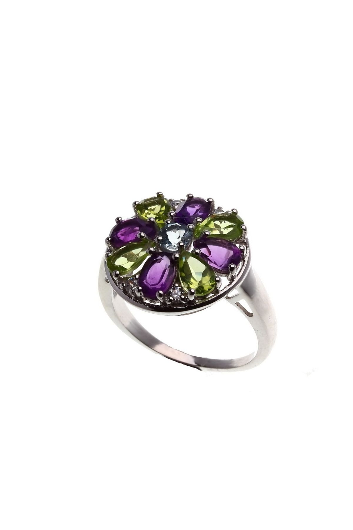 GÜMÜŞ DÜNYASI 925 AYAR Gümüş Rodyum Kaplamalı Oval Amatist , Zirkon ve Peridot Renkli Taşlı Kadın YÜZÜK