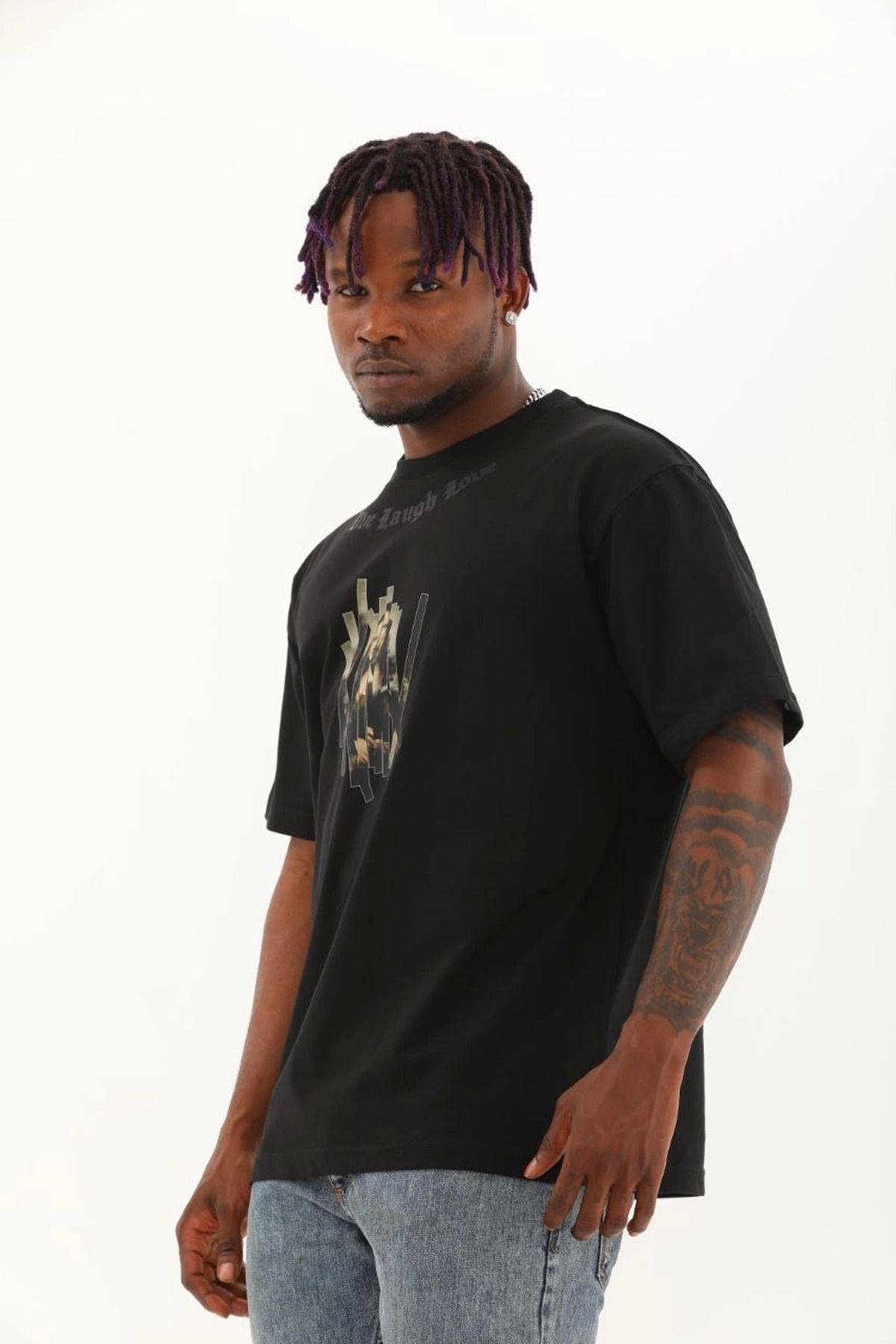fashok Unisex Oversize Baskılı Bisiklet Yaka T-Shirt - Siyah