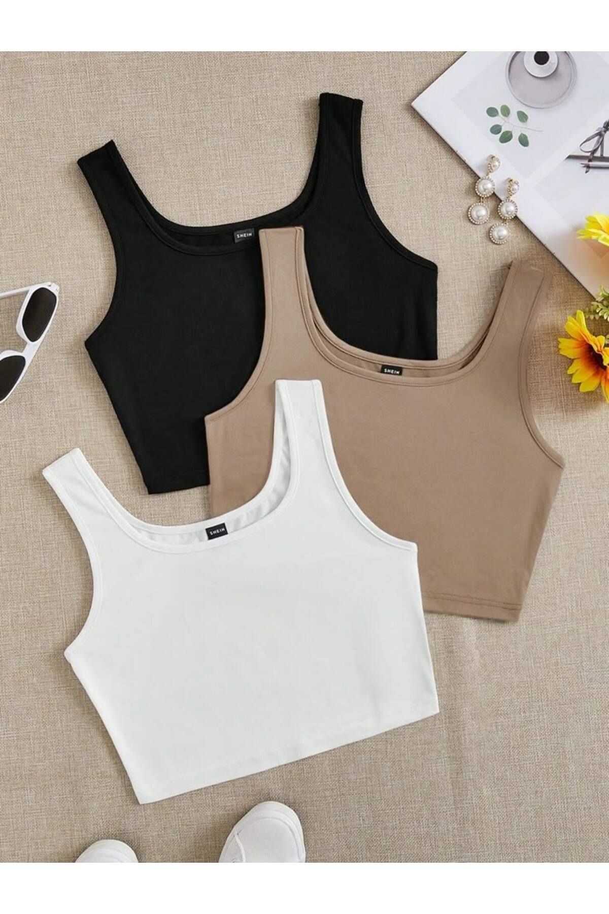 ÖZ PAMUK Öz pamuk 3 lü Kadın adın Asklılı Fitilli Crop Basıc Atlet Bluz