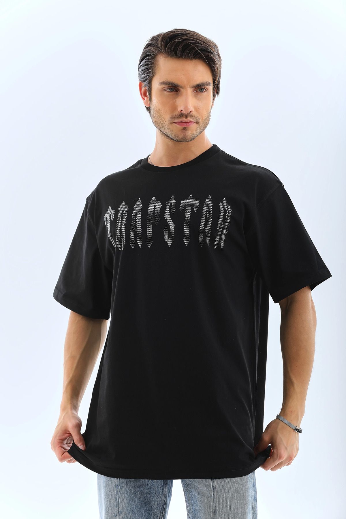 fashok Unisex Oversize Taşlı Bisiklet Yaka T-Shirt - Siyah