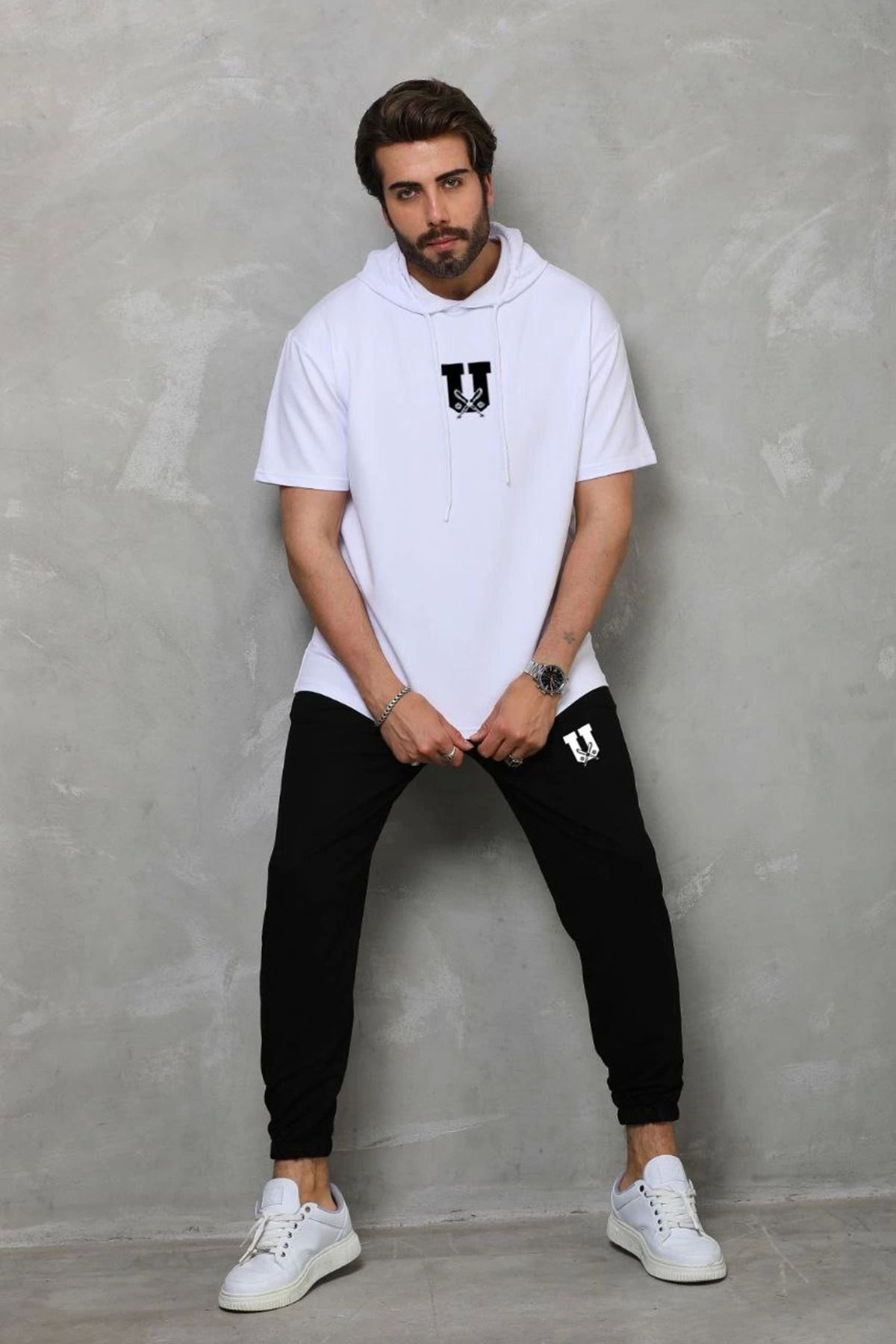 fashok Unisex Kapşonlu Oversize T-Shirt Takım - Beyaz
