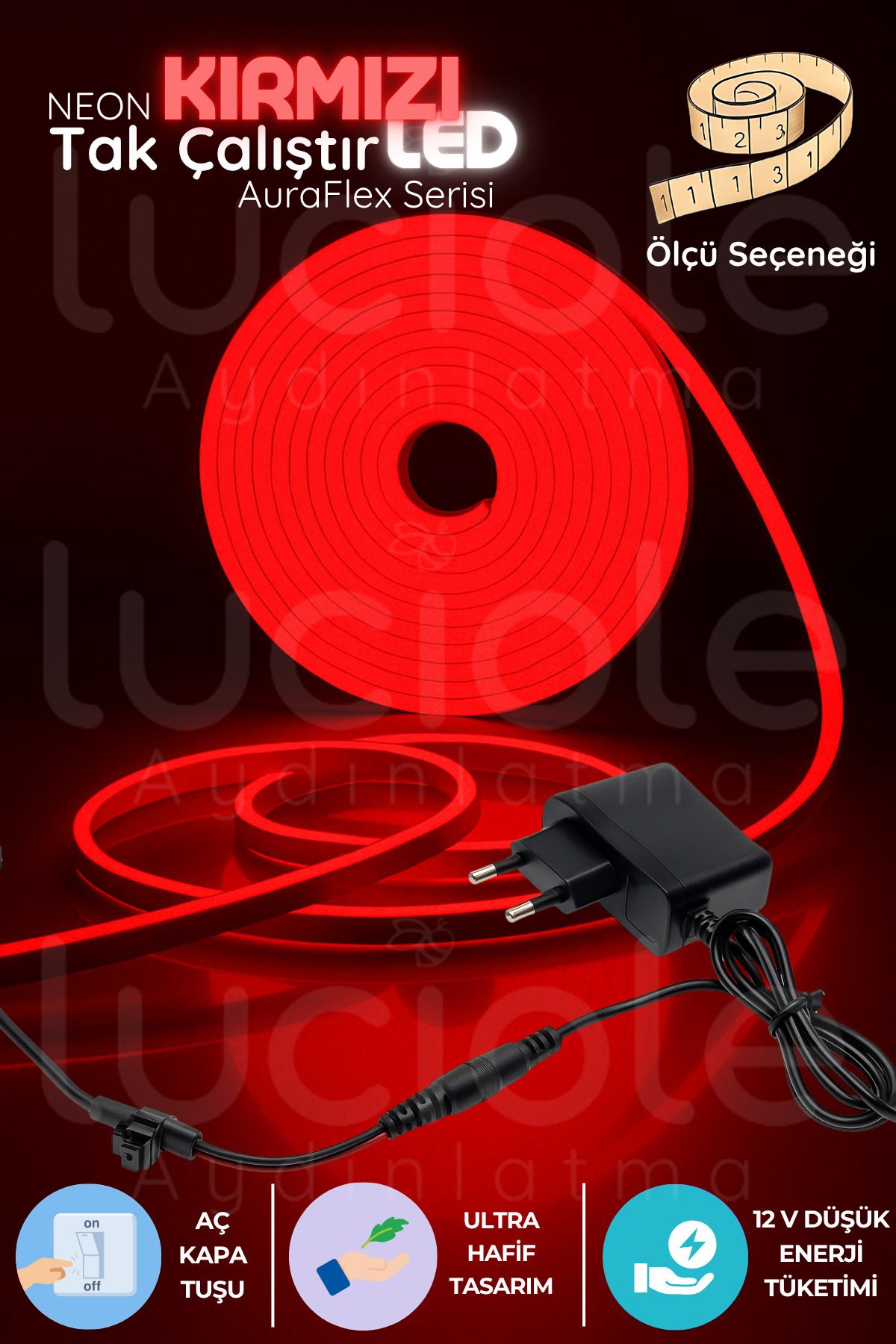 luciole 3 Metre Kırmızı Neon LED Şerit | AuraFlex Serisi | Fişli Aç-Kapa Dekoratif Işık