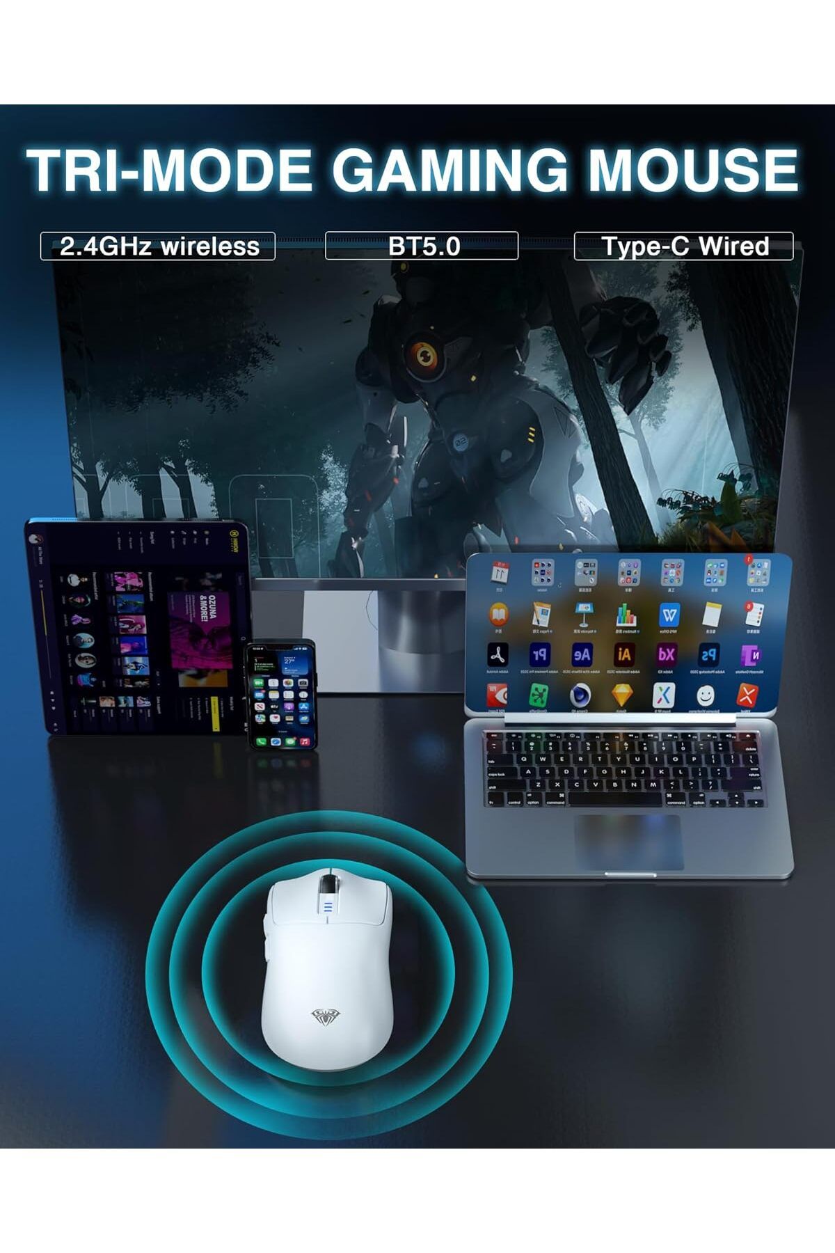 Aula-Wireless Gaming Mouse Sc580, 2.4 Ghz/usb-c/bluetooth, 12000 Dpi, 6 Programmable Buttons, White 5