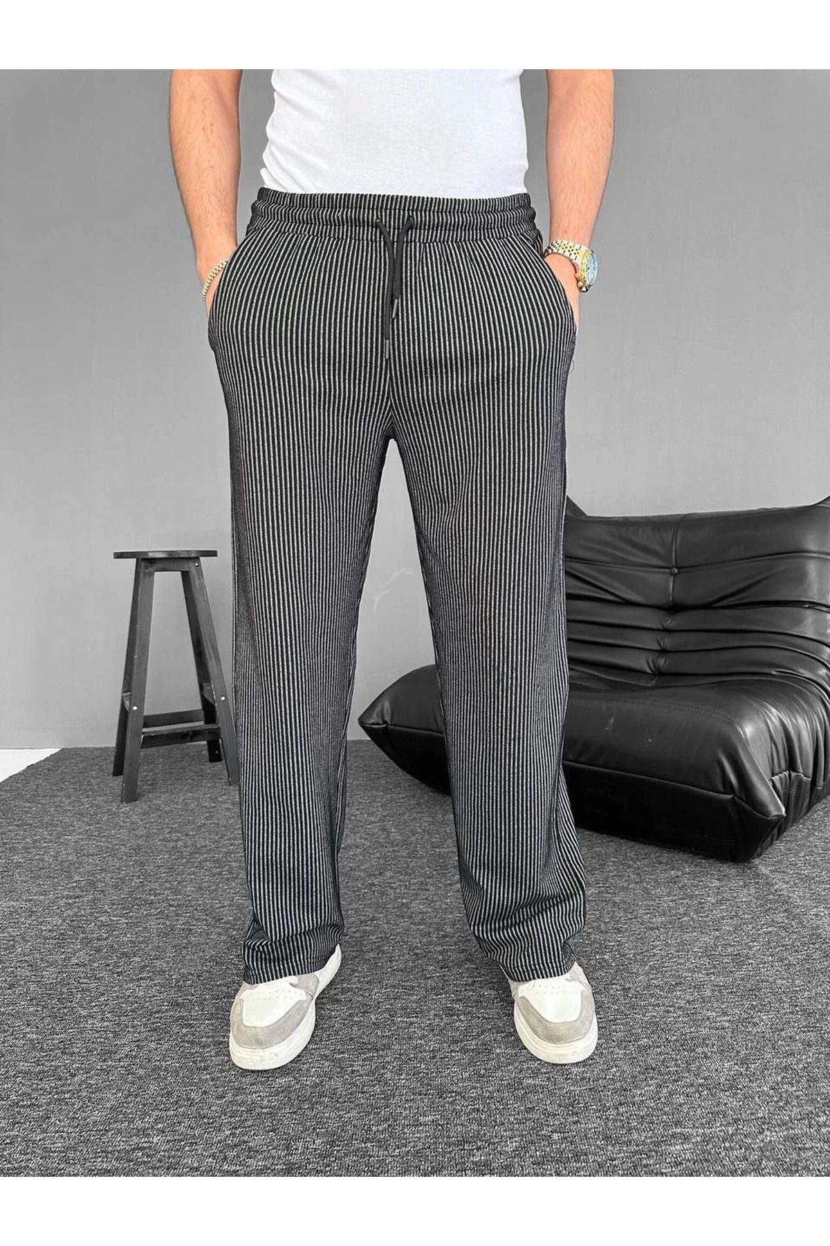 fashok Su Yolu Çizgili Cepli Pantalon - Siyah