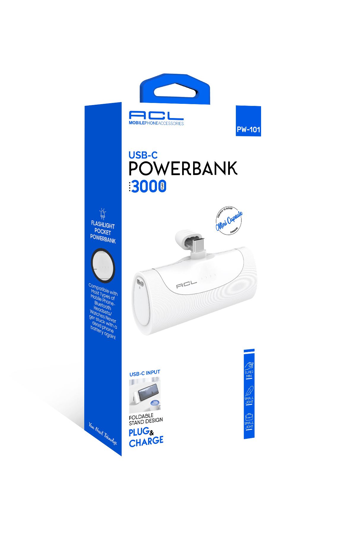 ACL PW-101 Mini Kapsül Powerbank 3000mAh Beyaz | USB-C Giriş & Çıkış | LED Göstergeli | Telefon Stan