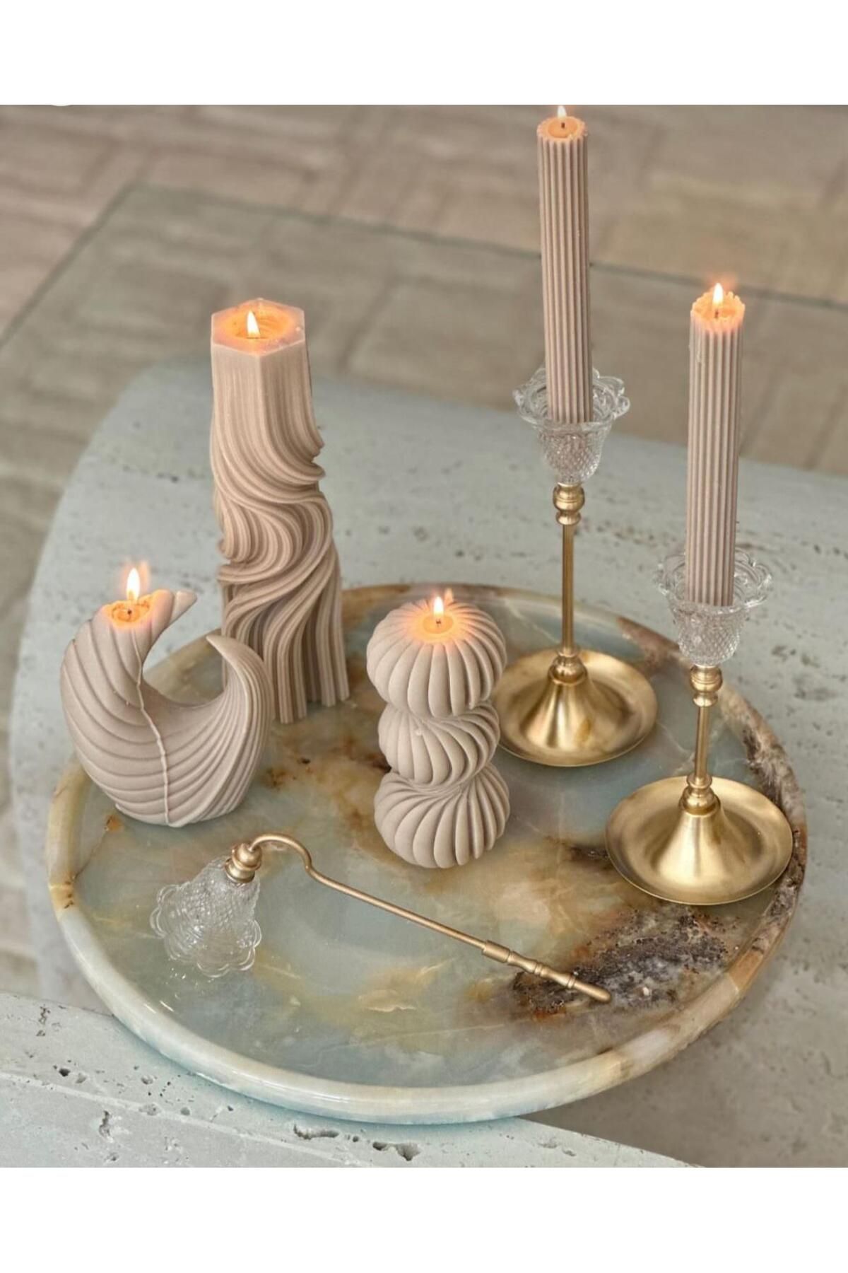 SCA CANDLE Dekoratif Mum Dalga+Ay +Şamdanlık mum +üçlü top model mum toplam 5 parça