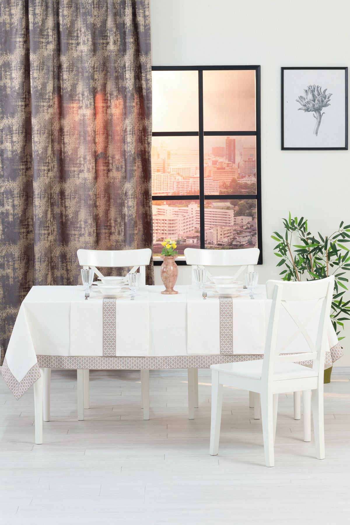 Tropikhome Alba Jakar Çember Desen Runnerlı Set Leke Tutmaz 160x220 Cm Lüks Masa Örtüsü 2 Runnerlı Set Krem