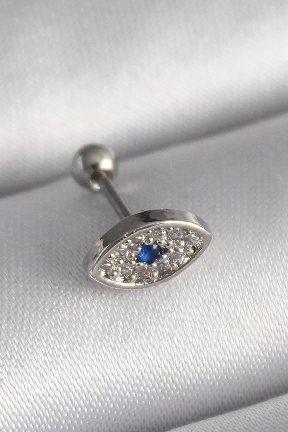 AfraBeauty 316L Çelik Gümüş Renk Zirkon Taşlı Göz Tragus Piercing