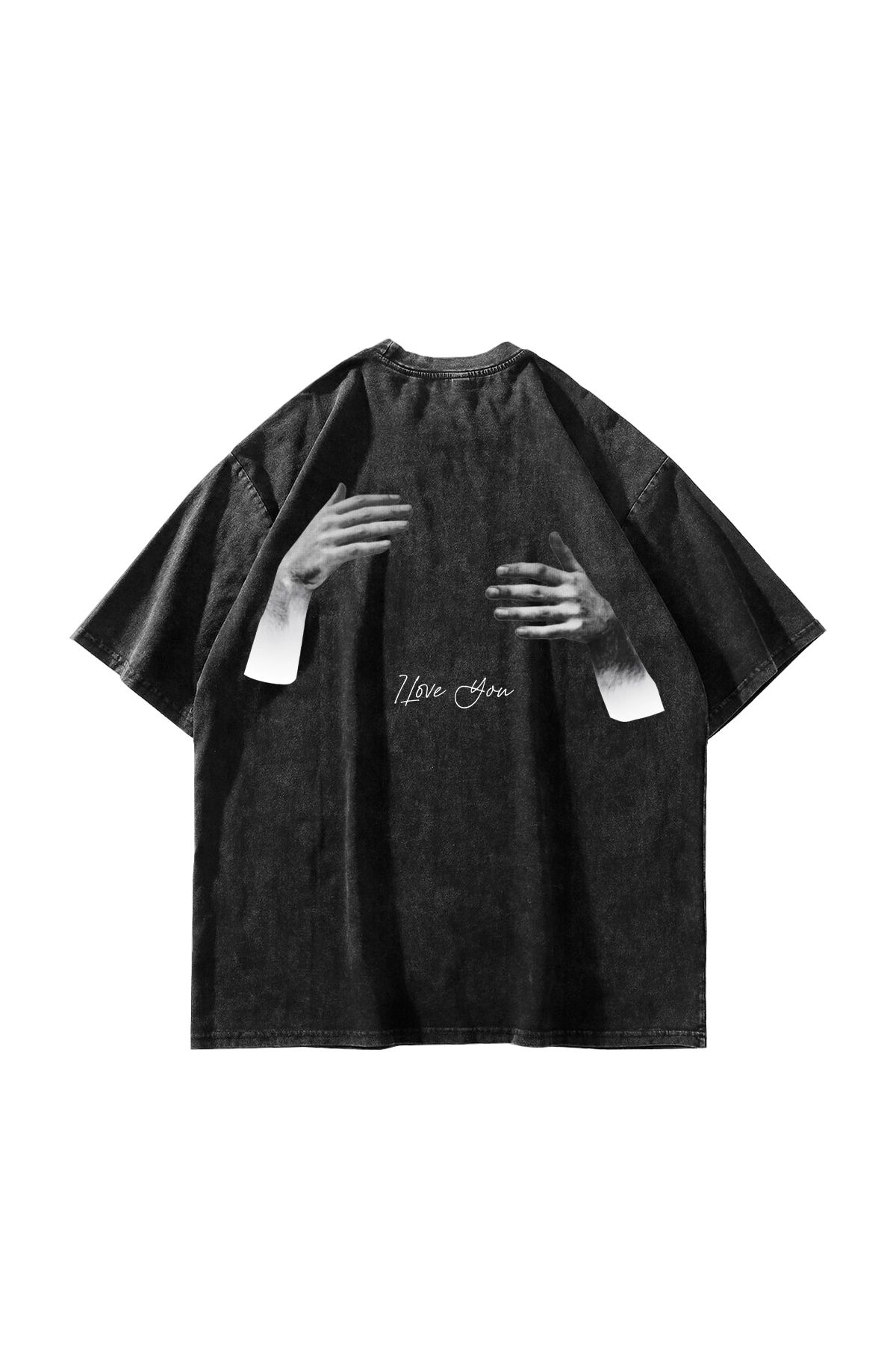 Sekizbiraltı I Love You Baskılı Oversize Unisex Yıkamalı Siyah Tshirt