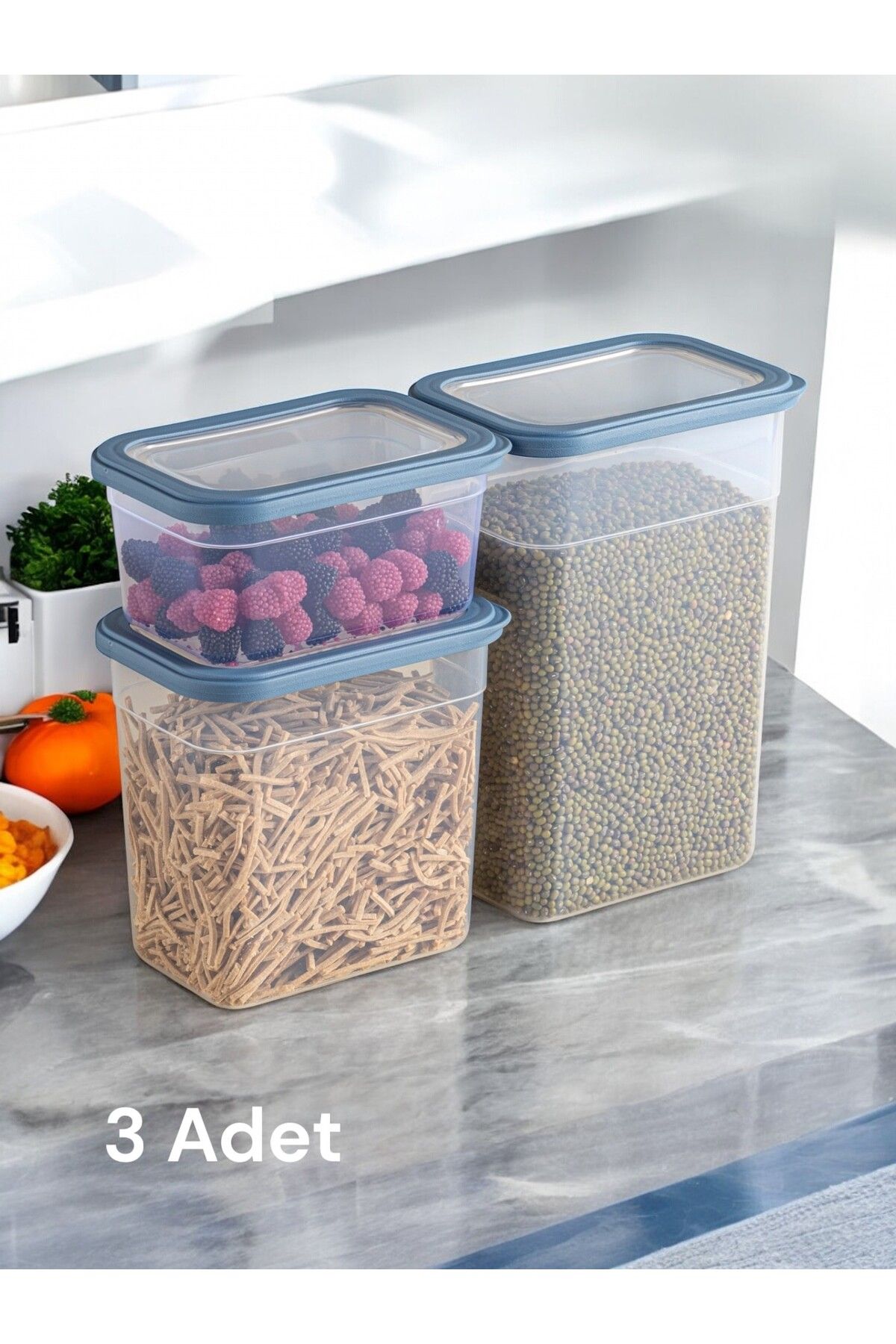 Nesto Home 3'lü Set Dikdörtgen Erzak ve Bakliyat Saklama Kabı Deterjan Kutusu 1x1100 1x2200 1x3400
