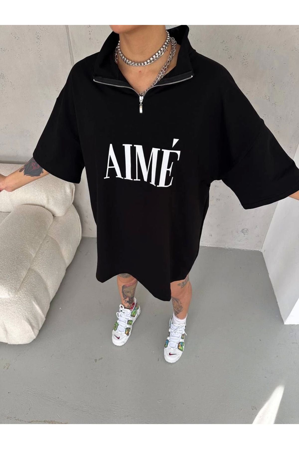 Serero Unisex Yarım Fermuarlı Baskılı T-Shirt - Siyah