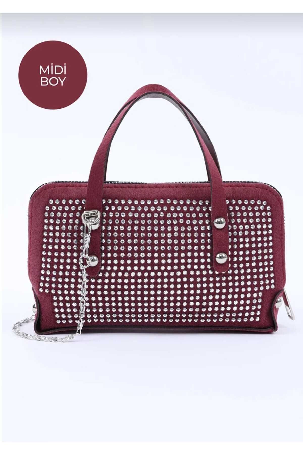 Octagon Çanta Midi Boy Taşlı Mor