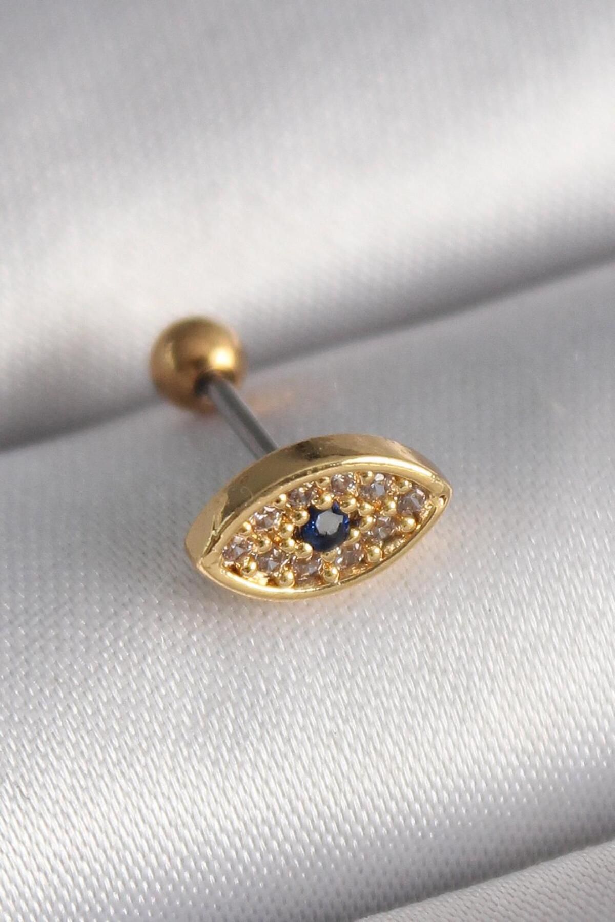 AfraBeauty 316L Çelik Gold Renk Zirkon Taşlı Göz Tragus Piercing