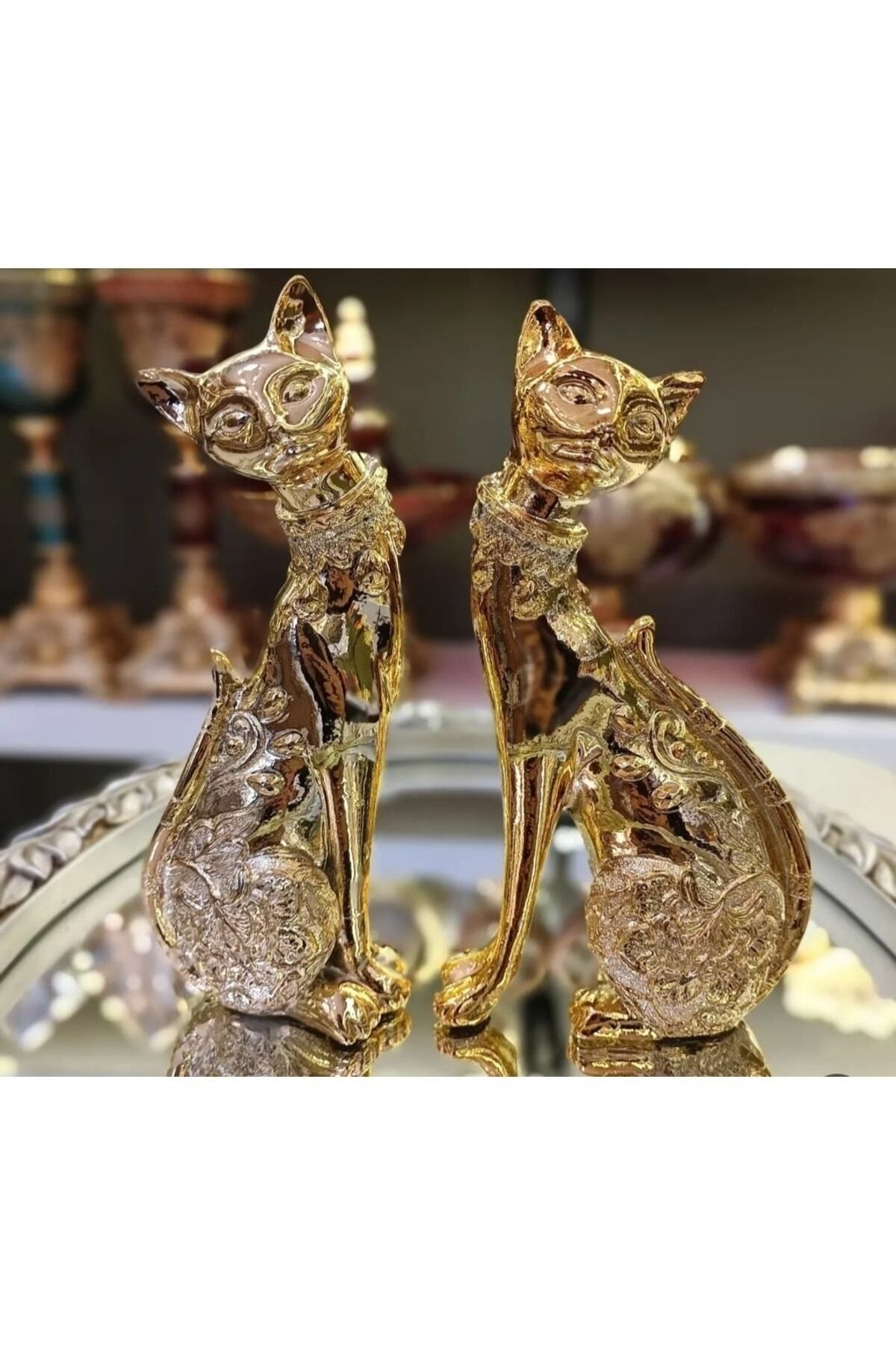 DEKORANLA Altın Kaplama Çift Kedi Figürlü Dekorasyon Objesi