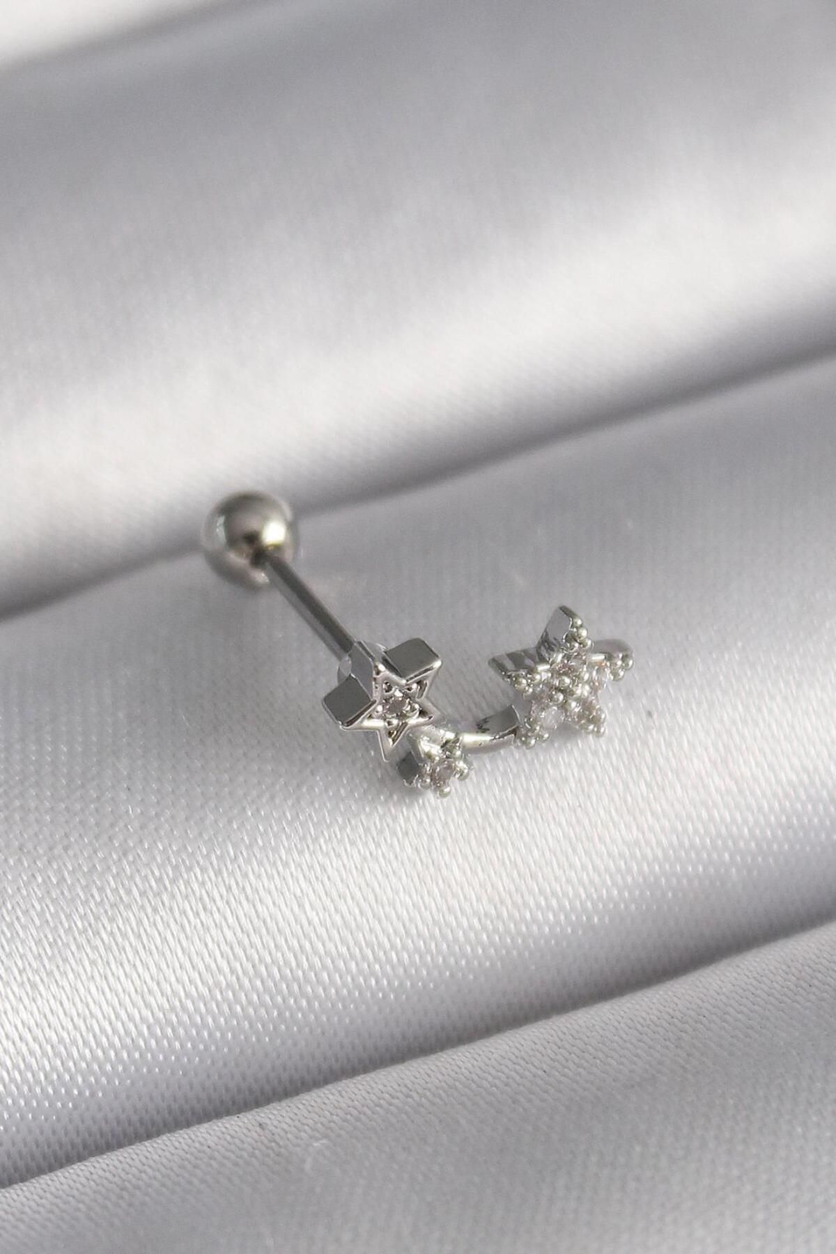 AfraBeauty 316L Çelik Gümüş Renk Zirkon Taşlı Yıldız Tragus Piercing